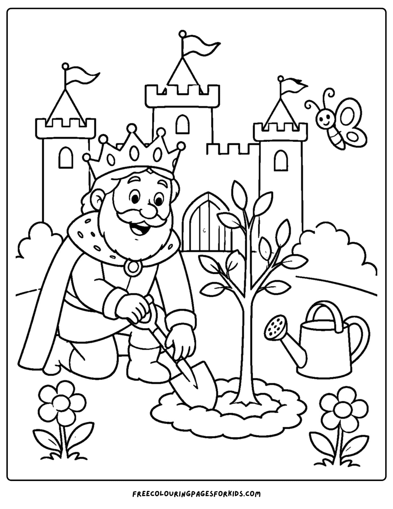 a coloring page of a king planting a tree in a garden