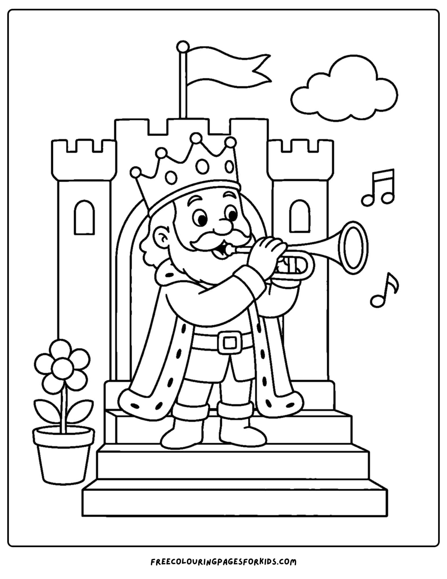 a coloring page of a king blowing a trumpet
