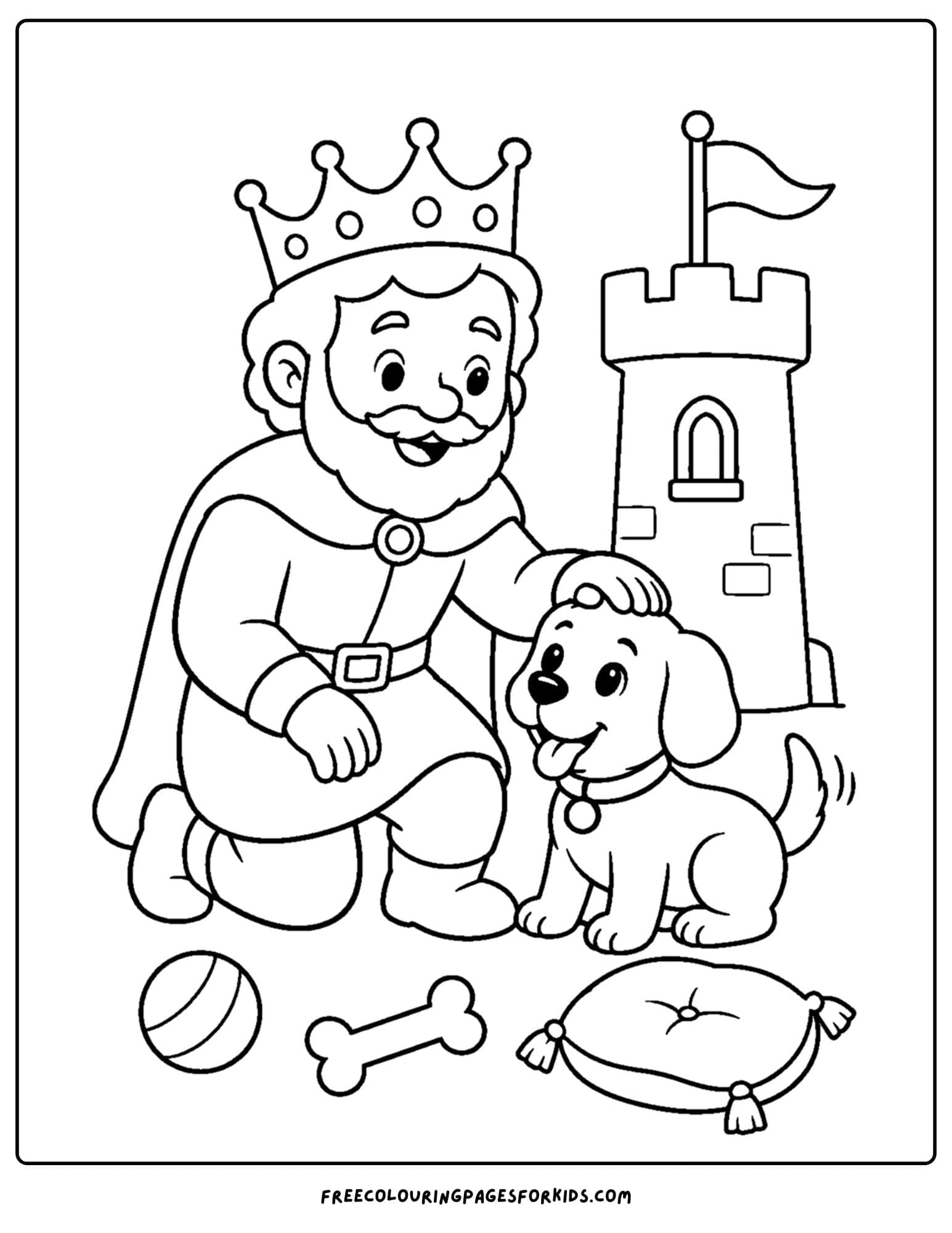 a coloring page of a king playing with a puppy