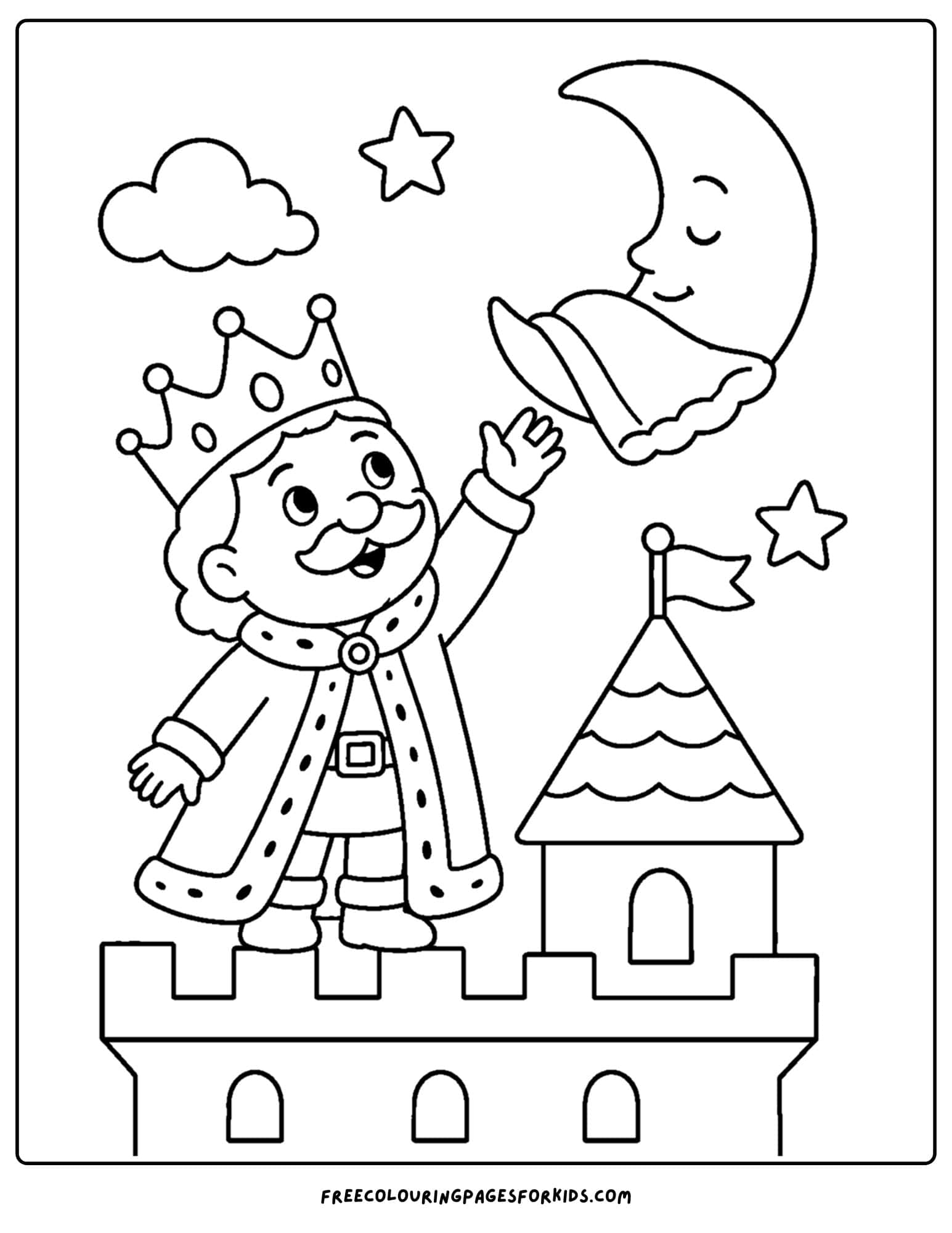 a coloring page of a king tucking in the moon with a blanket