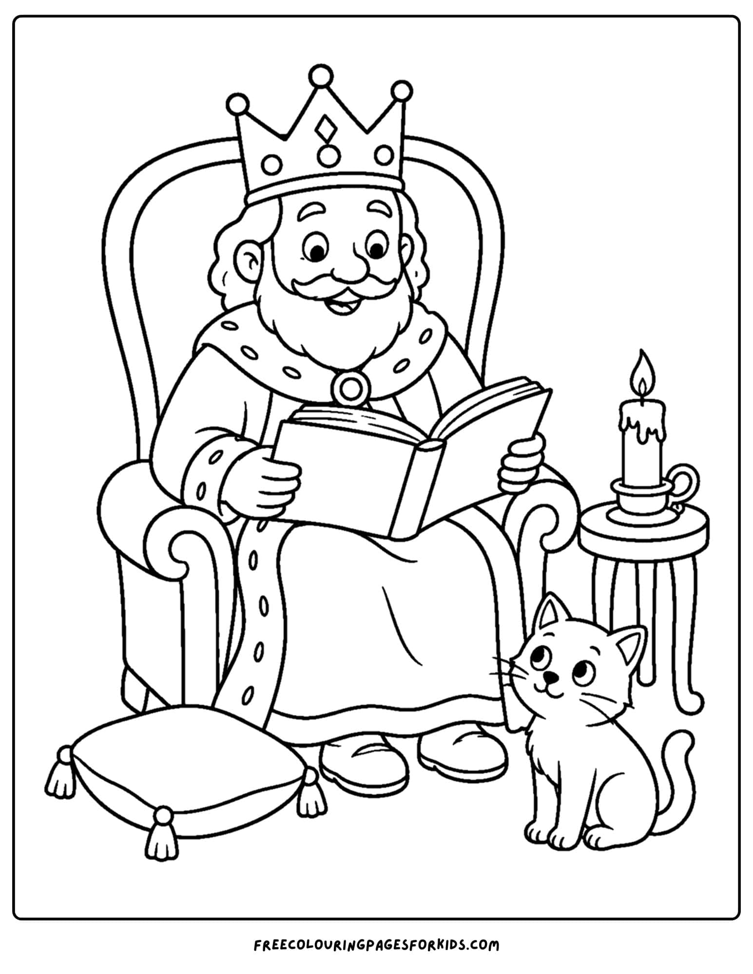 a coloring page of a king sitting in a chair reading to a cat