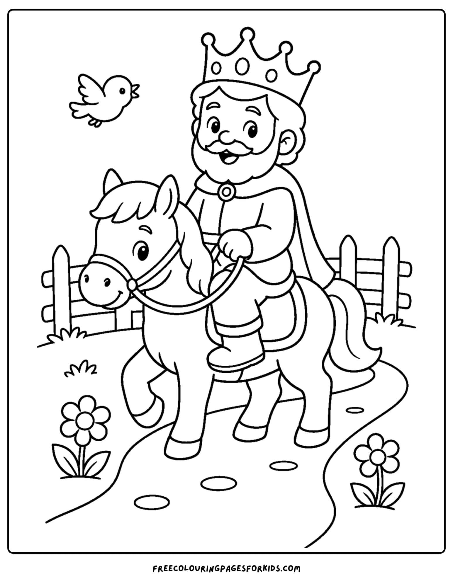 a coloring page of a king riding a pony