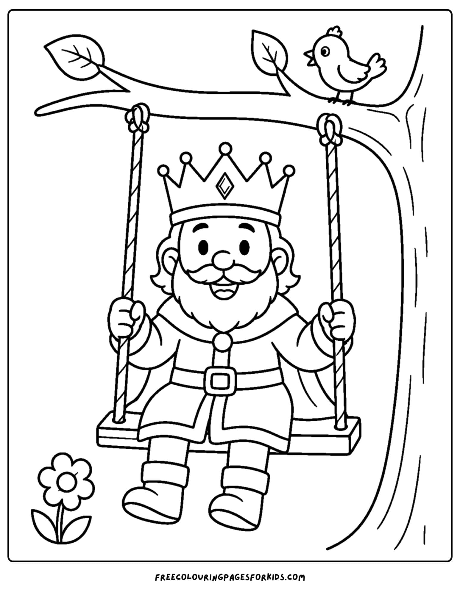 a coloring page of a king sitting on a tree swing