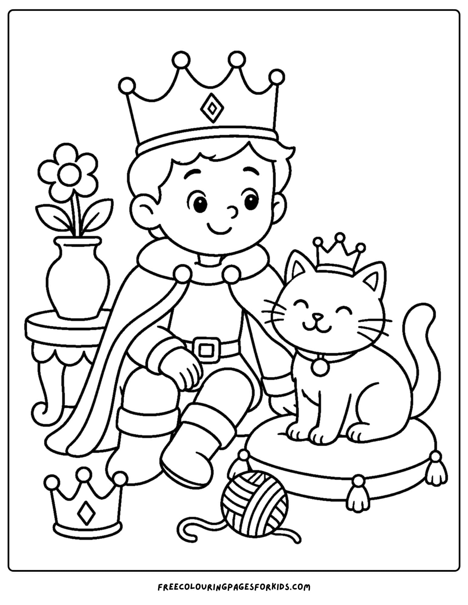 a coloring page of a young king with a royal cat