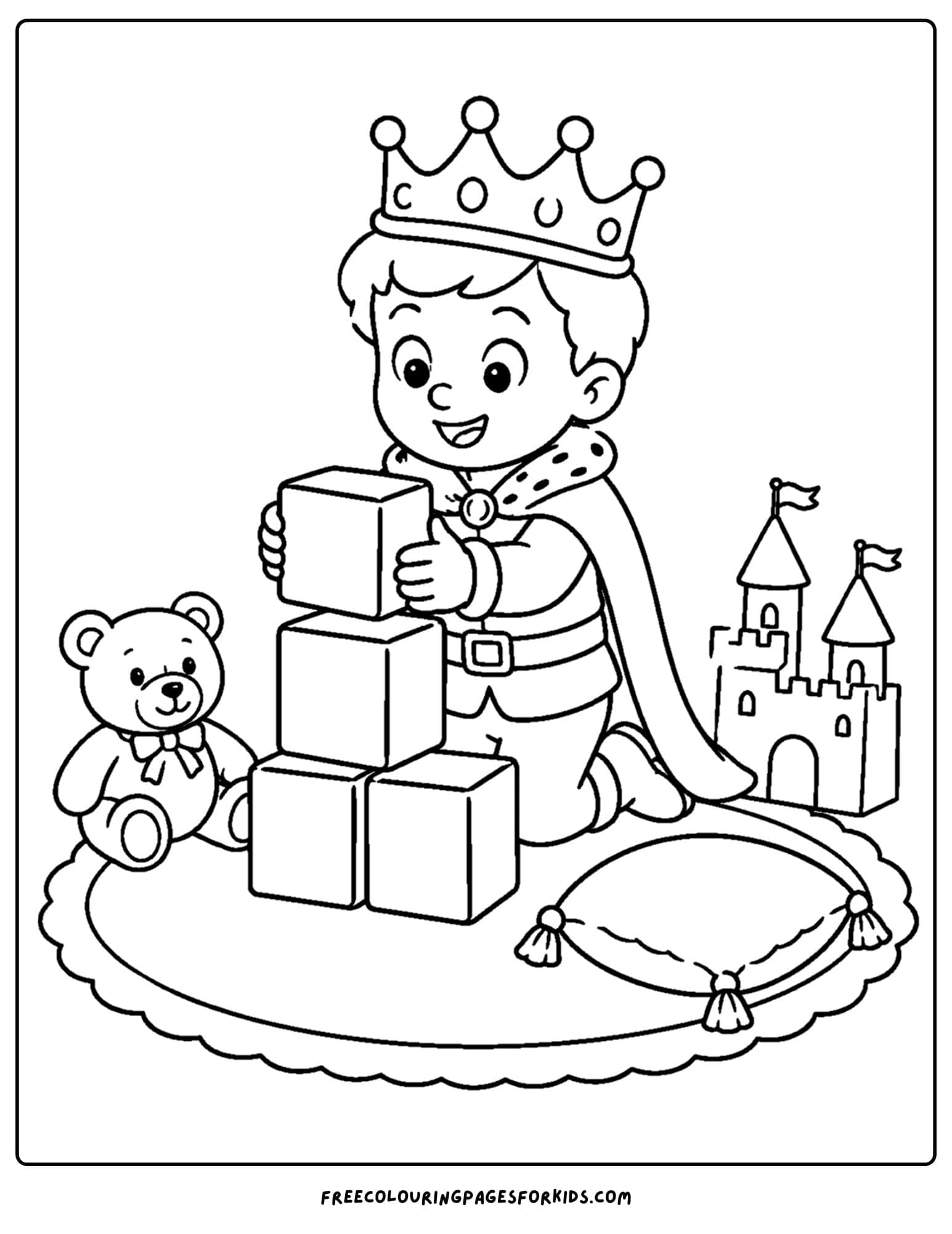 a coloring page of a young king playing with toy blocks