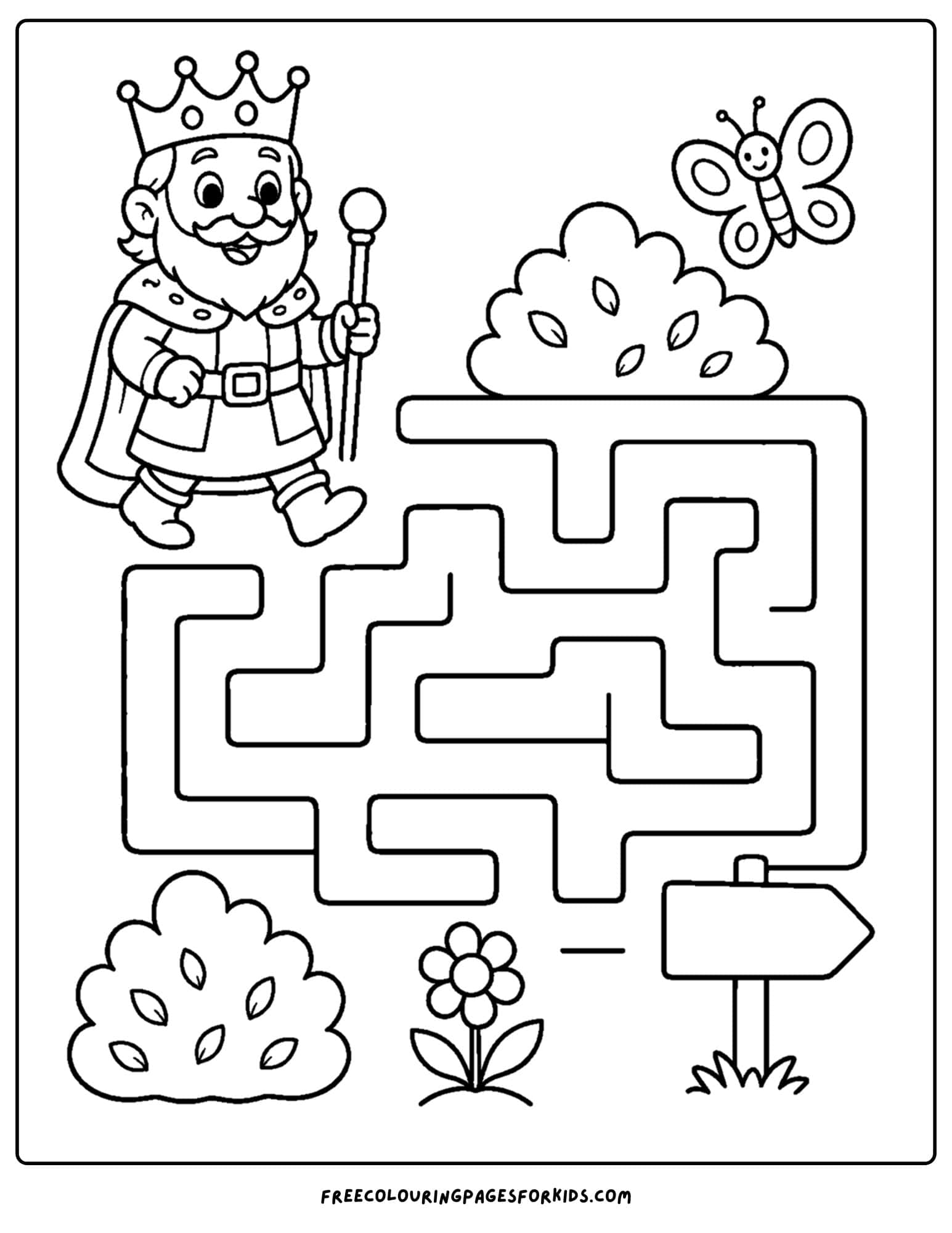 a coloring page of a king about to walk into a maze