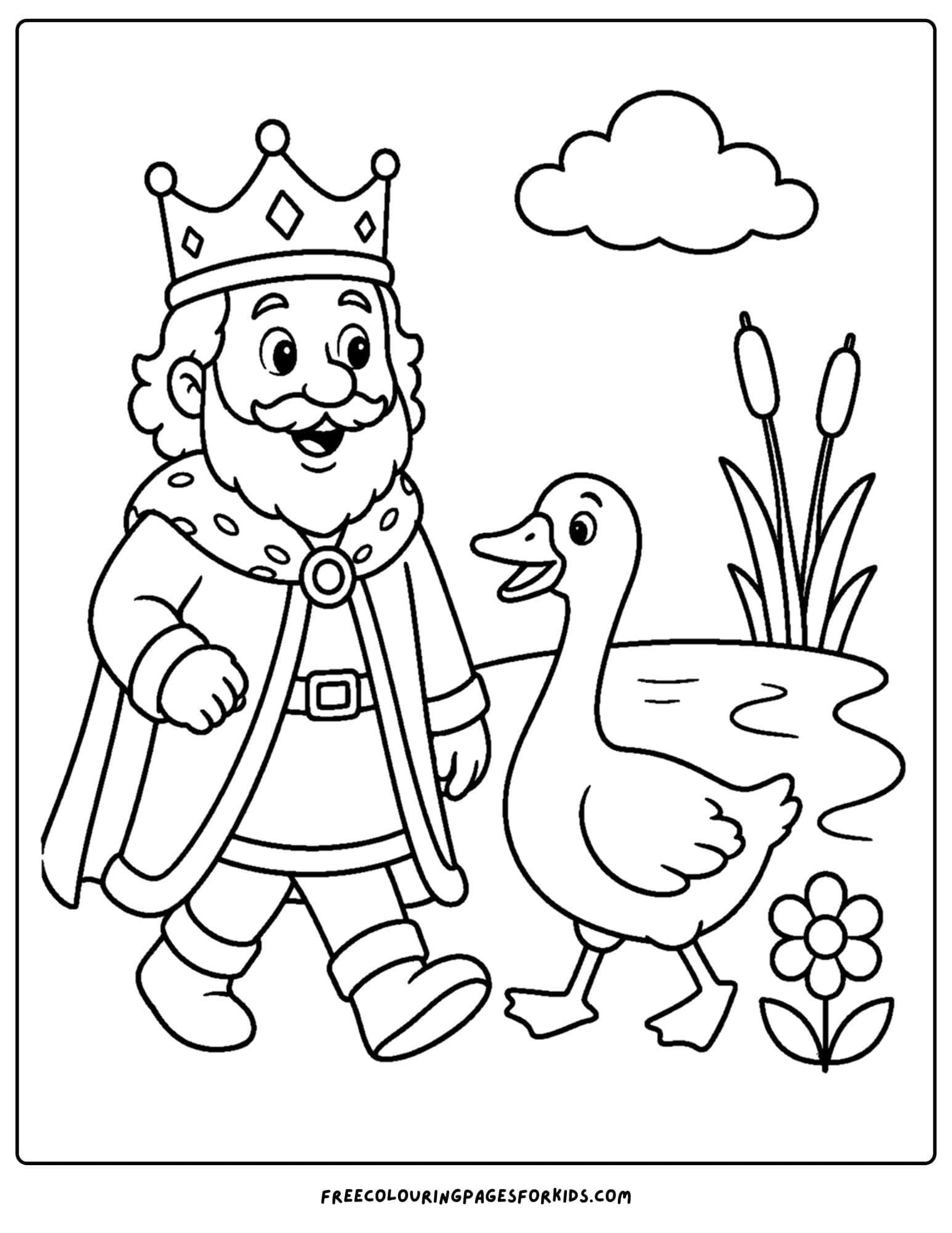 a coloring page of a king walking near a. pond with a goose