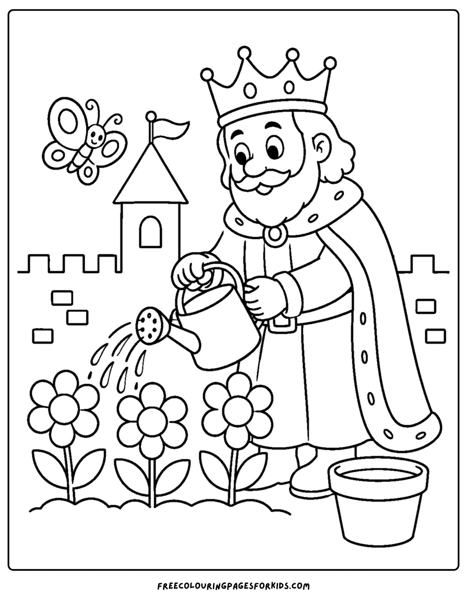 a coloring page of a king watering flowers in a garden