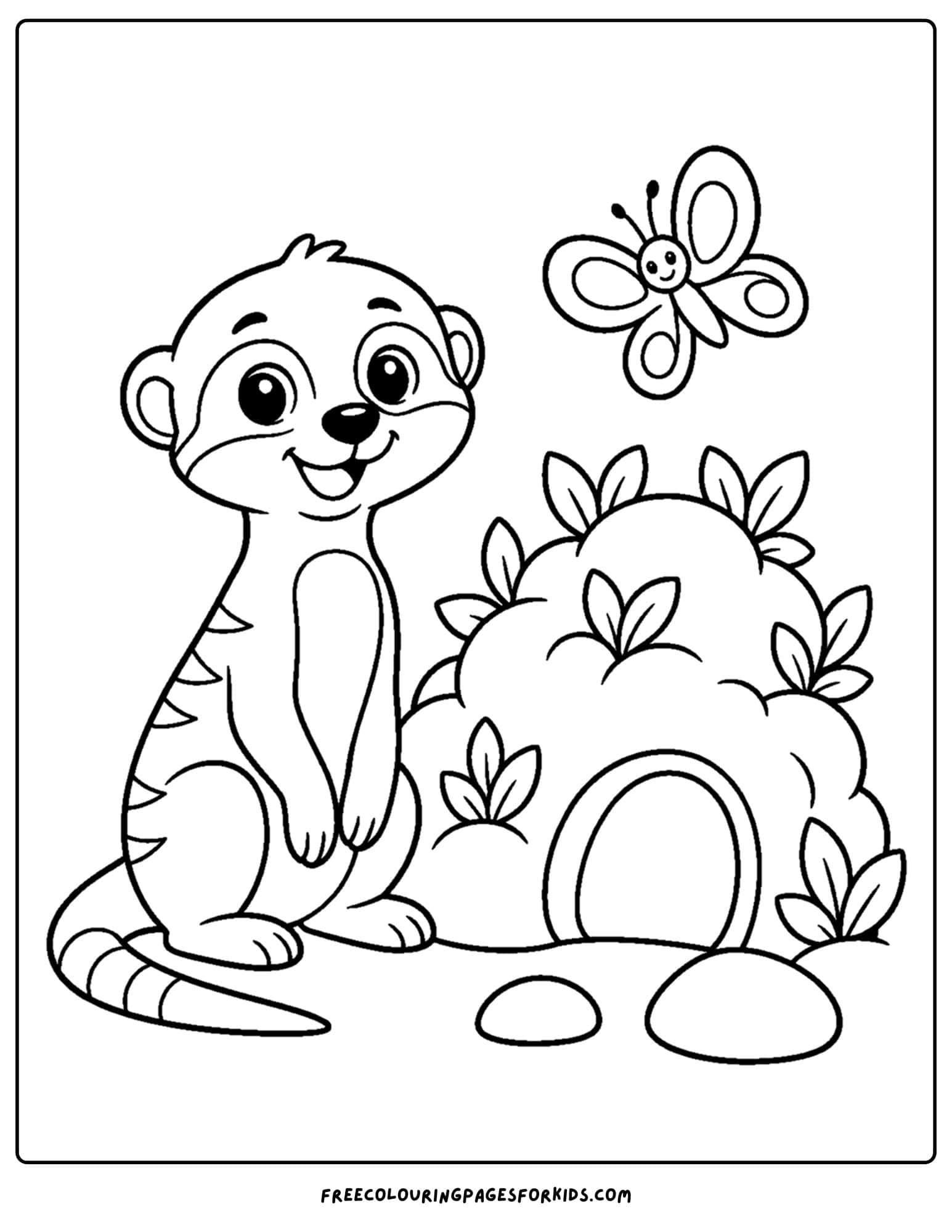 a coloring page of a meerkat beside a burrow covered in bushes