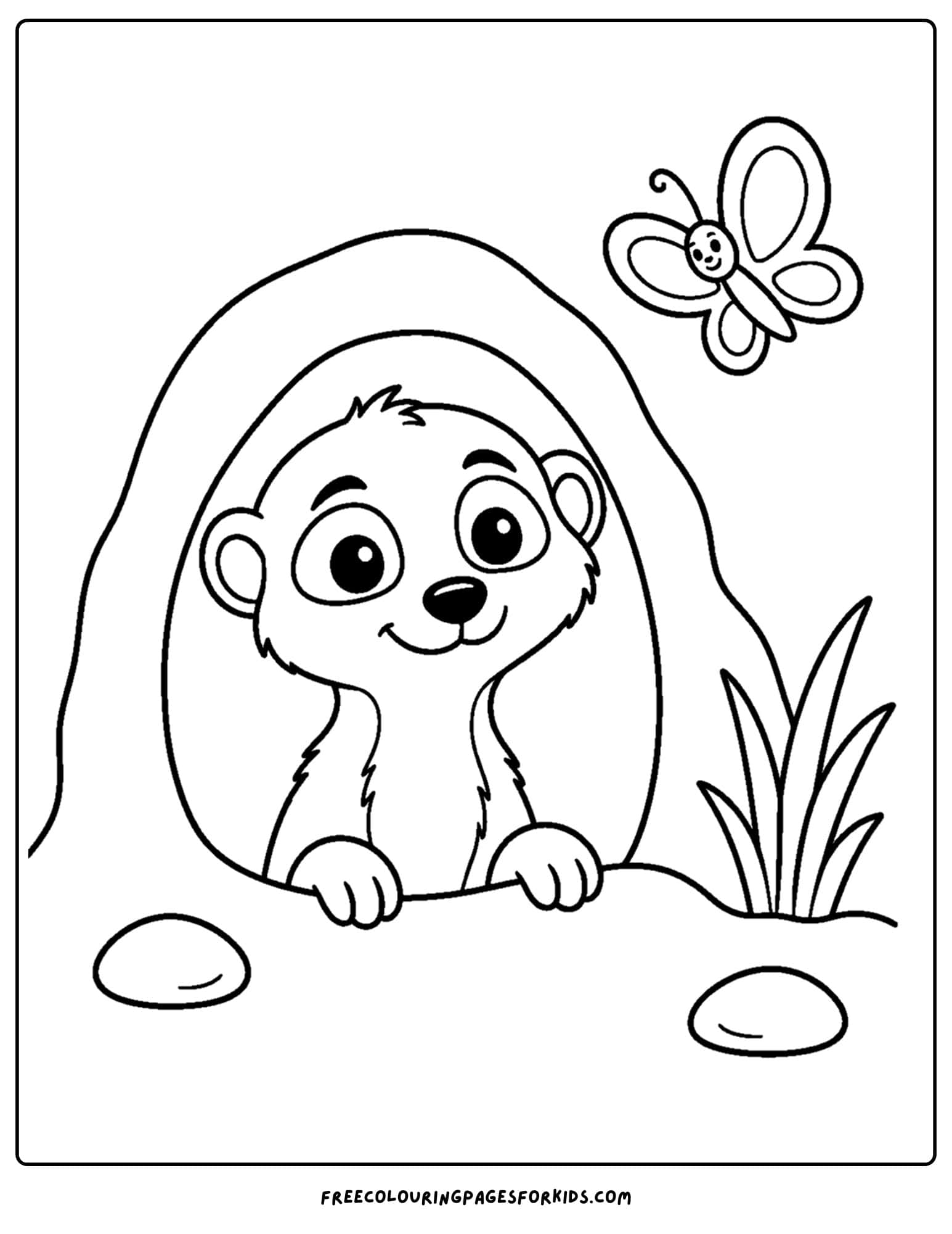 a coloring page of a meerkat at the entrance to a burrow