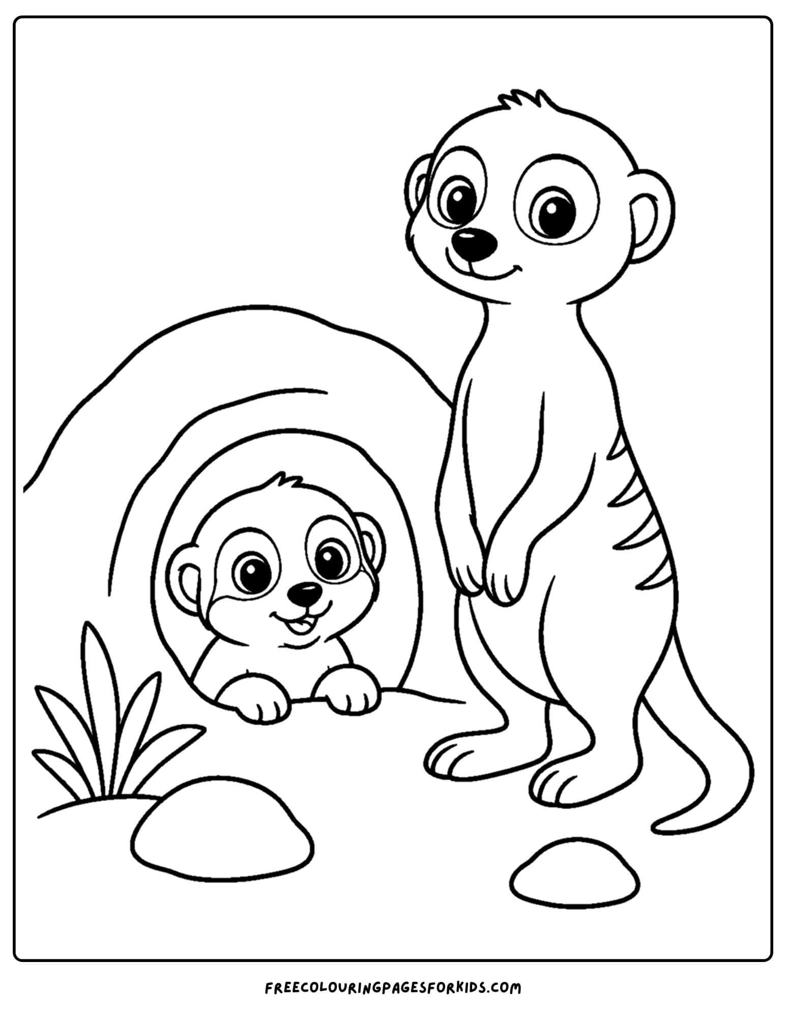 a coloring page of a meerkat and a baby peeking out of the burrow