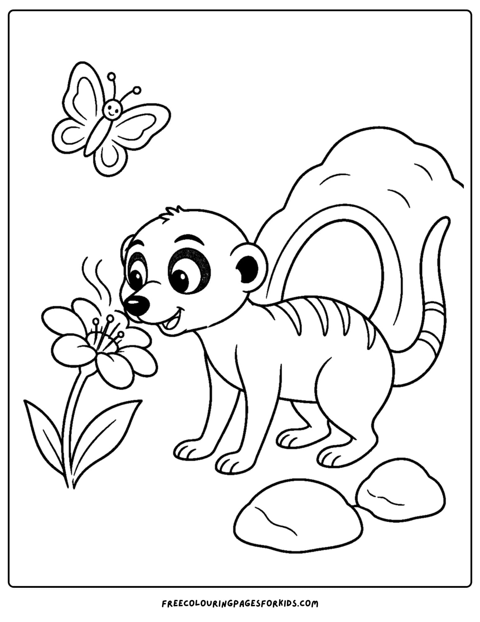 a coloring page of a meerkat smelling a daisy