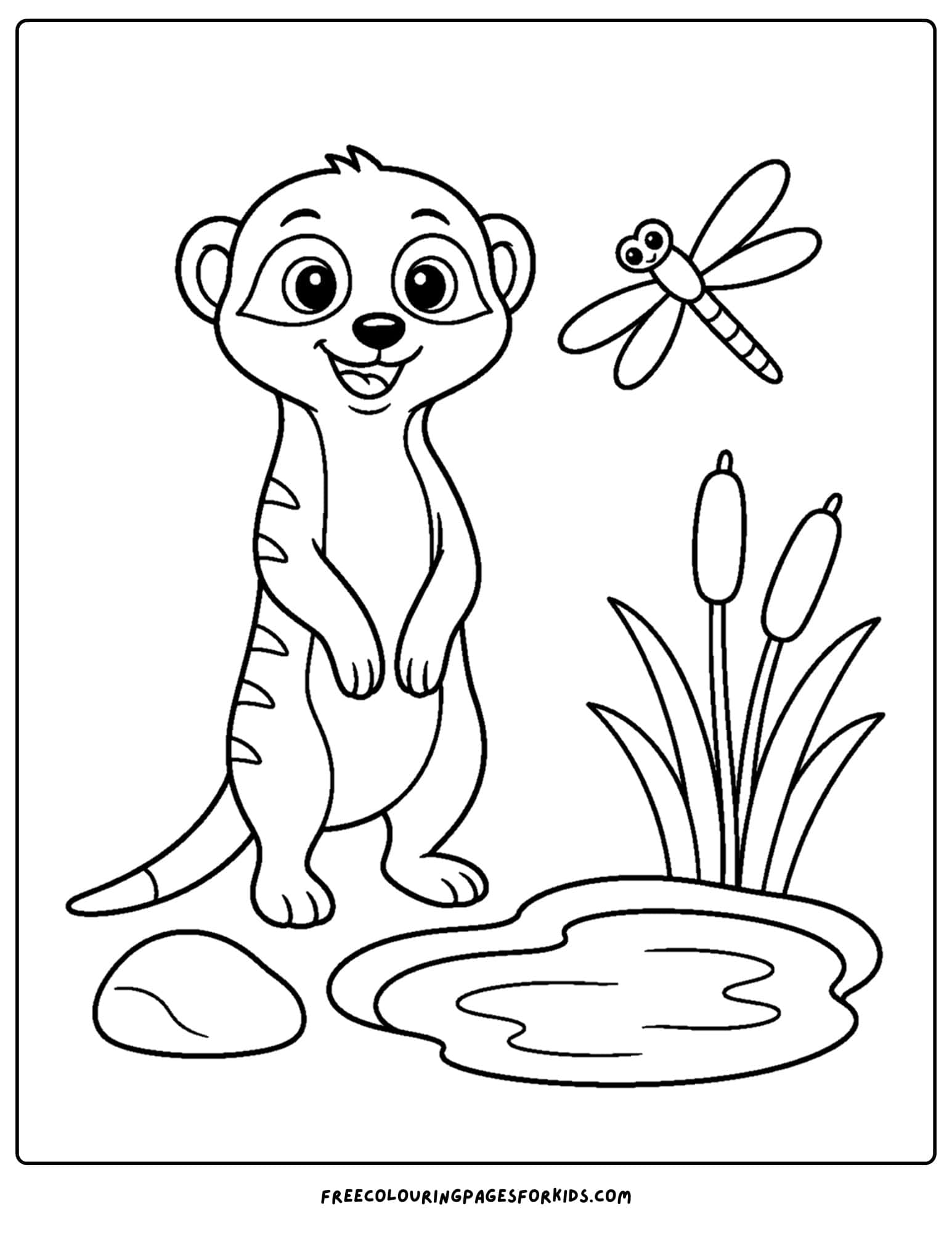 a coloring page of a meerkat and a dragonfly by a pond