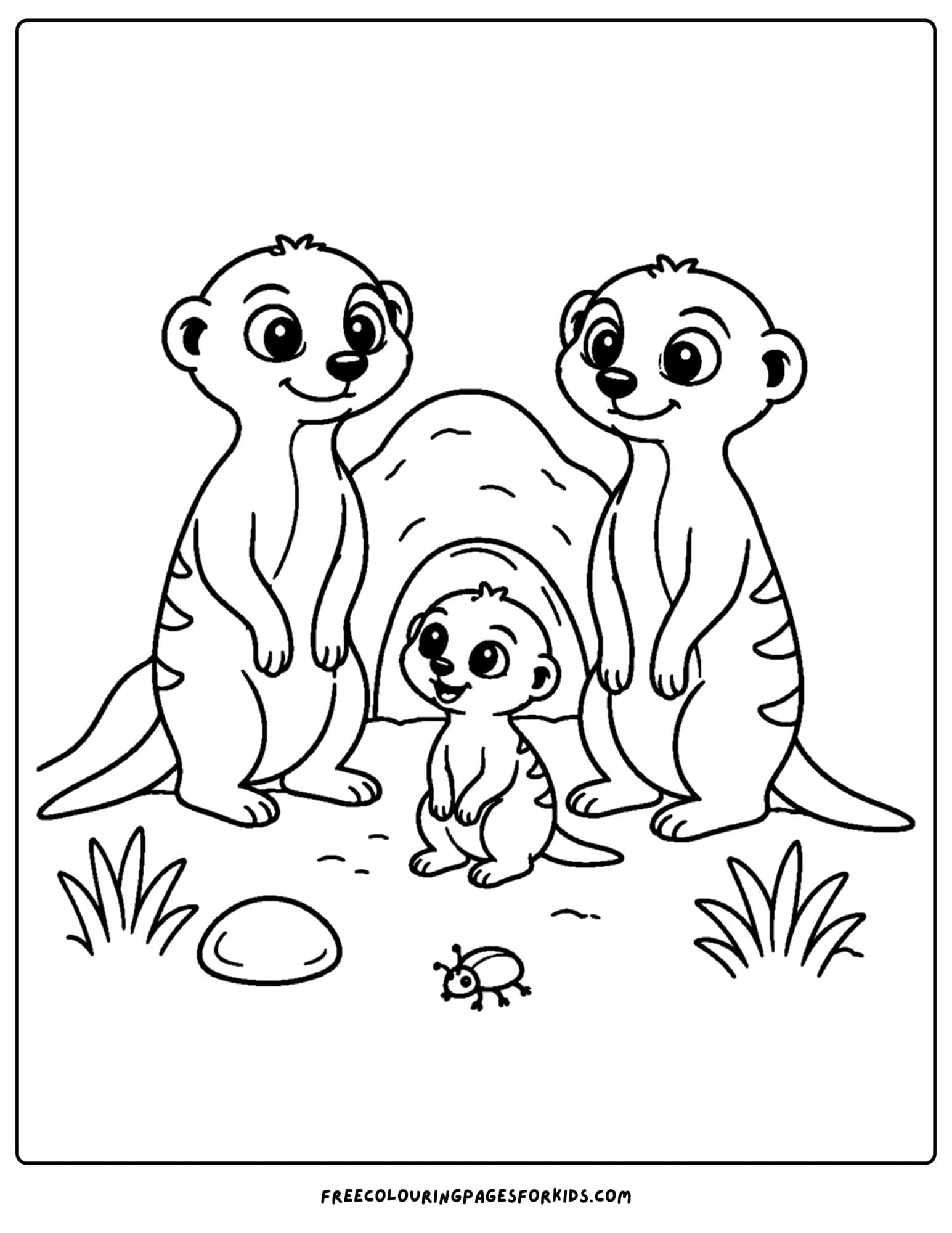 a coloring page of a meerkat family by their burrow