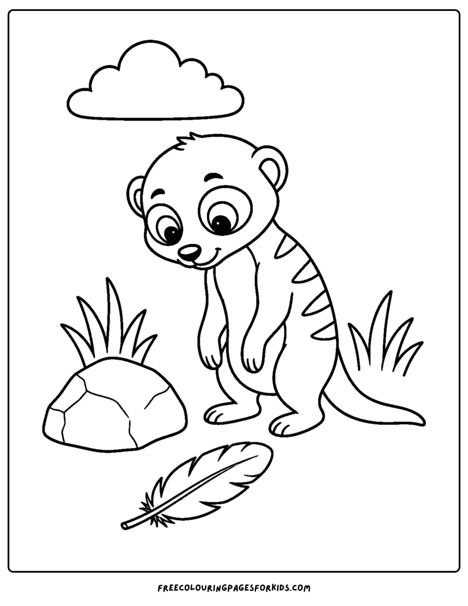 a coloring page of a meerkat finding a feather on the ground