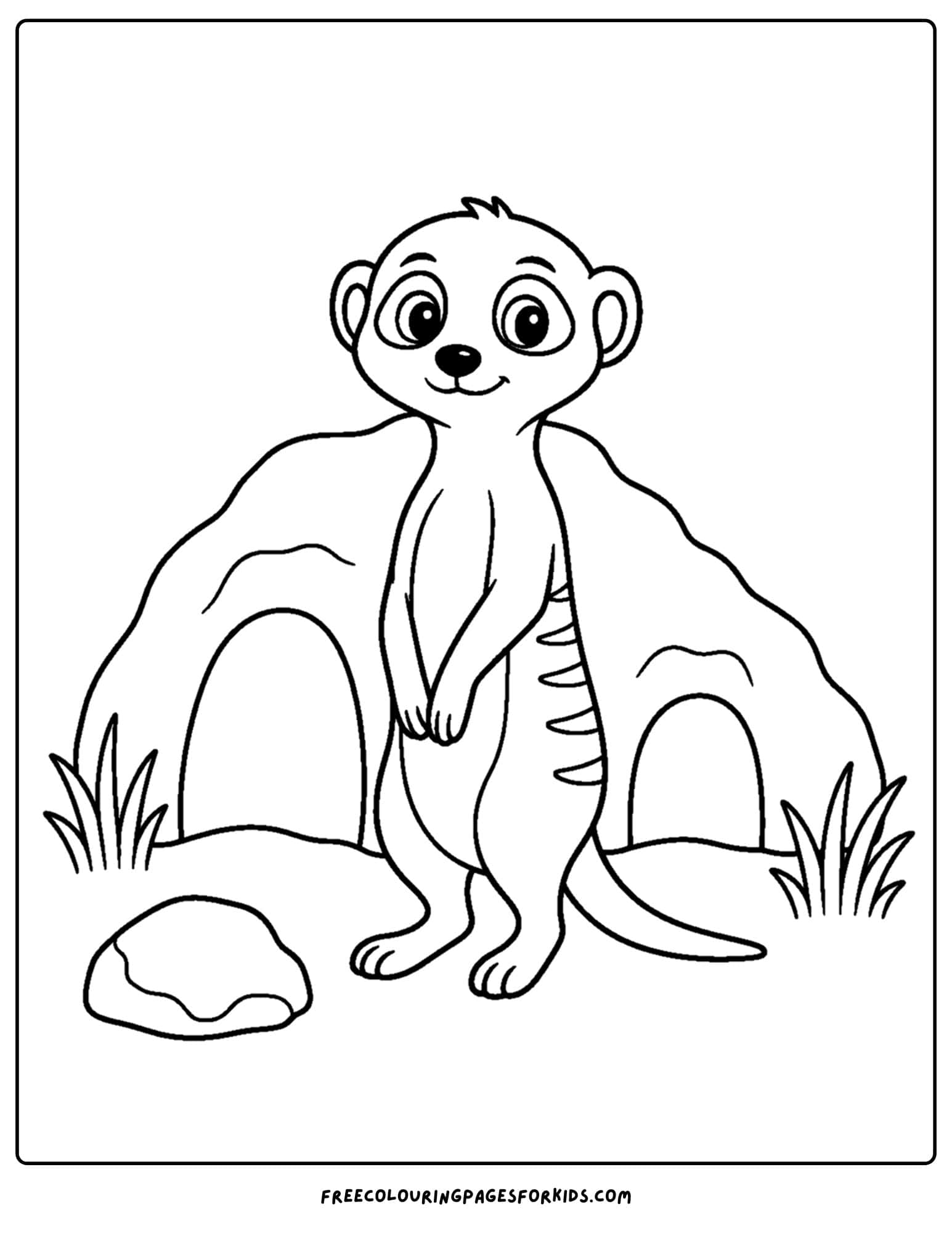 a coloring page of a meerkat guarding a family burrow