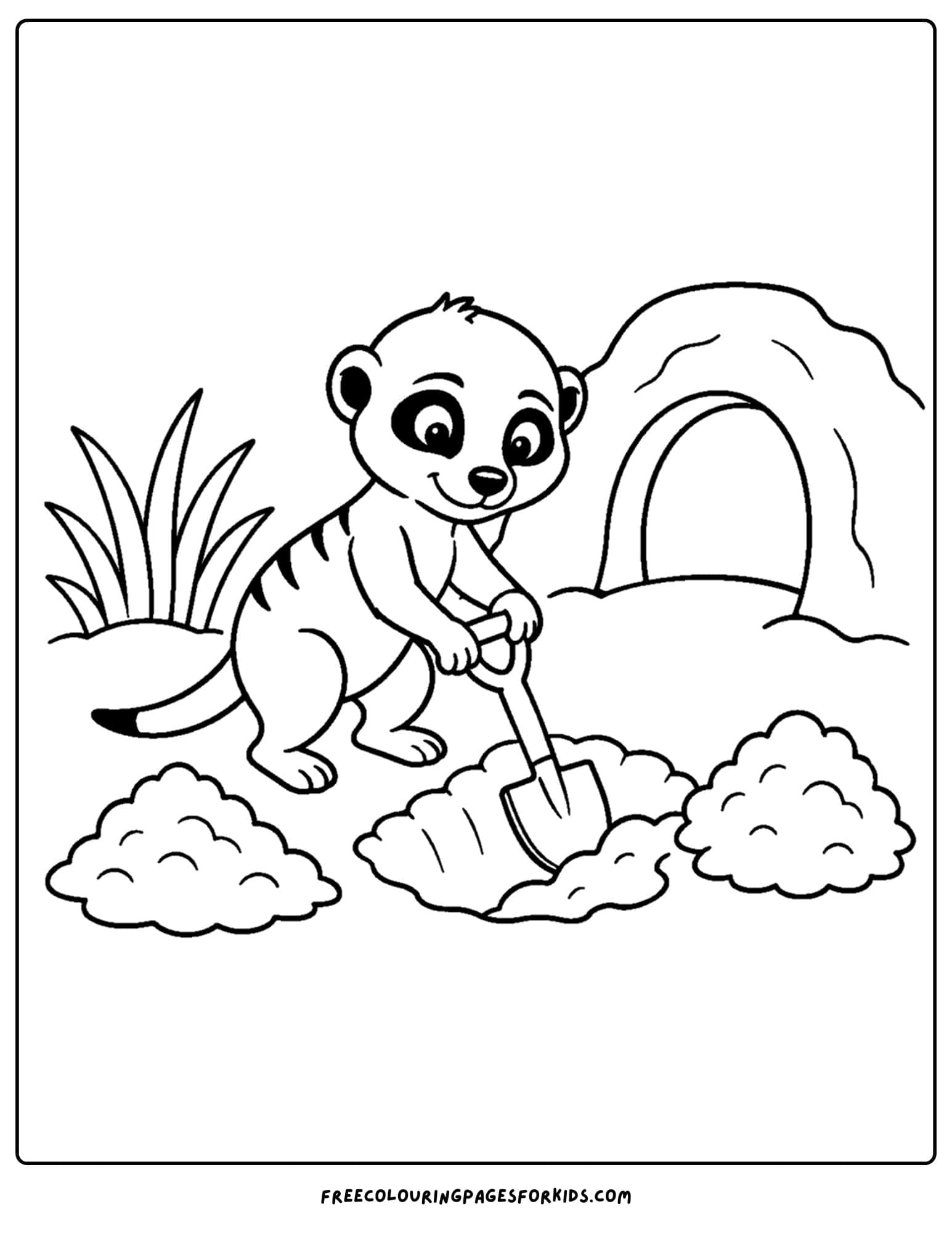 a coloring page of a meerkat digging a hole