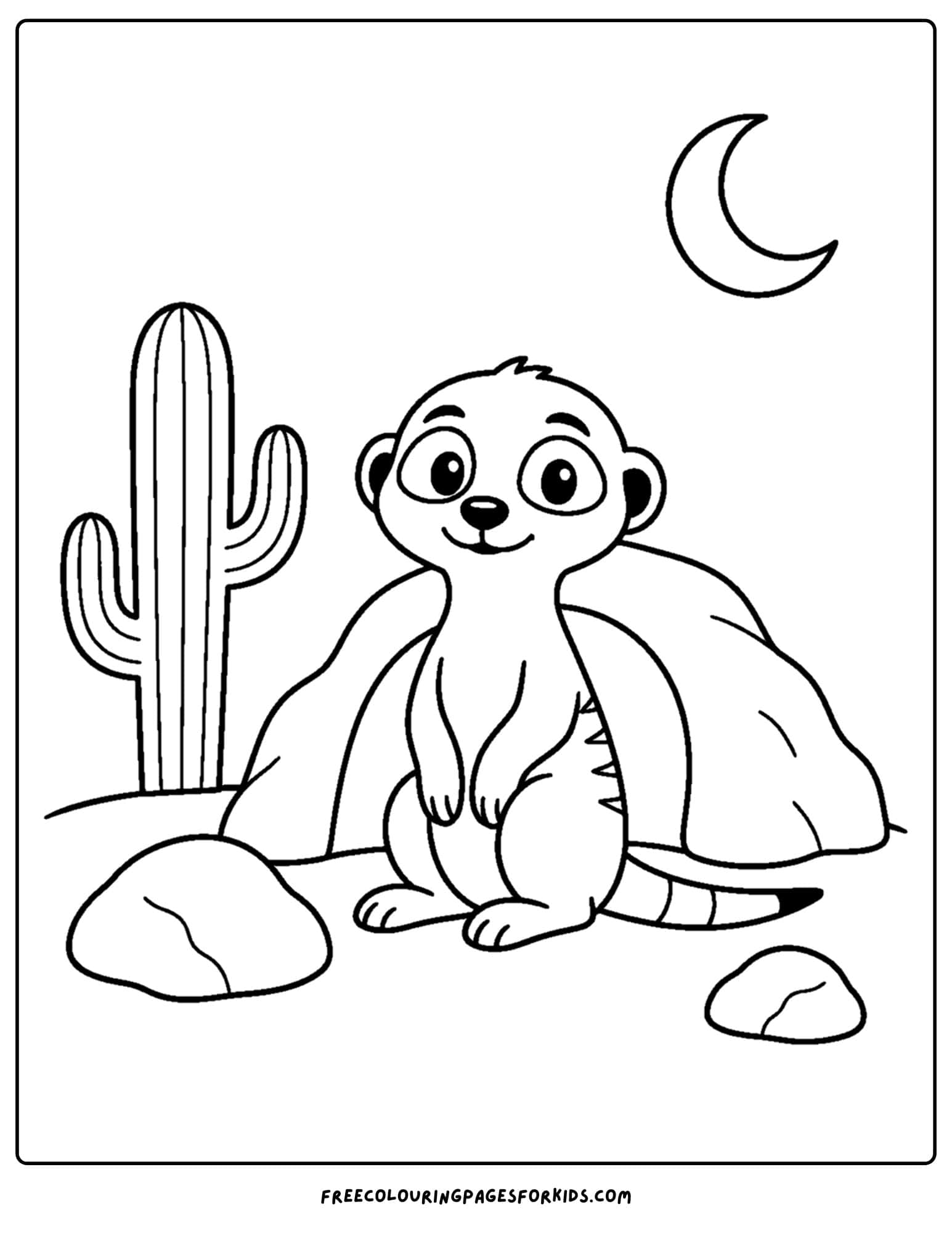 a coloring page of a meerkat next to a burrow under the moon
