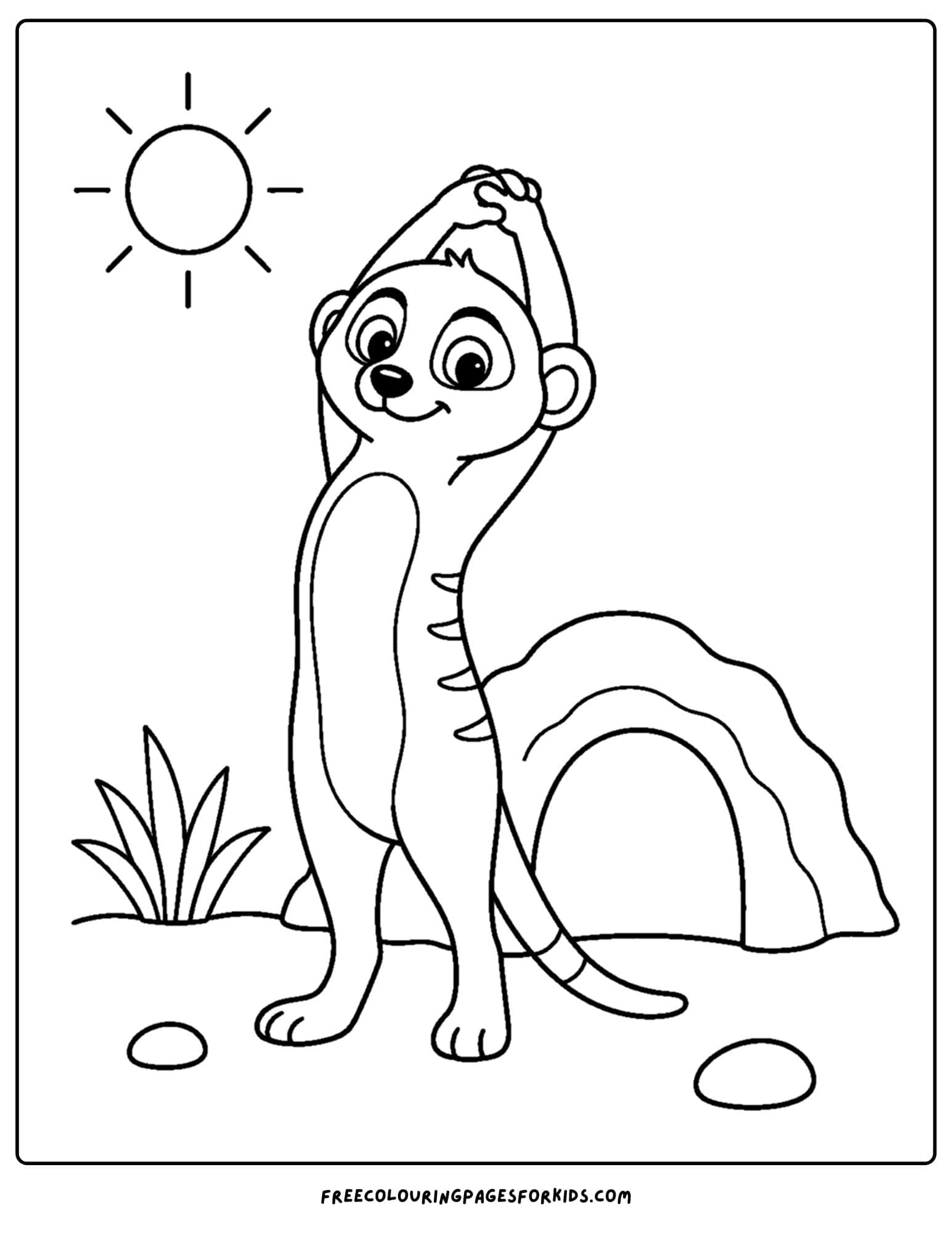 a coloring page of a meerkat stretching in a morning