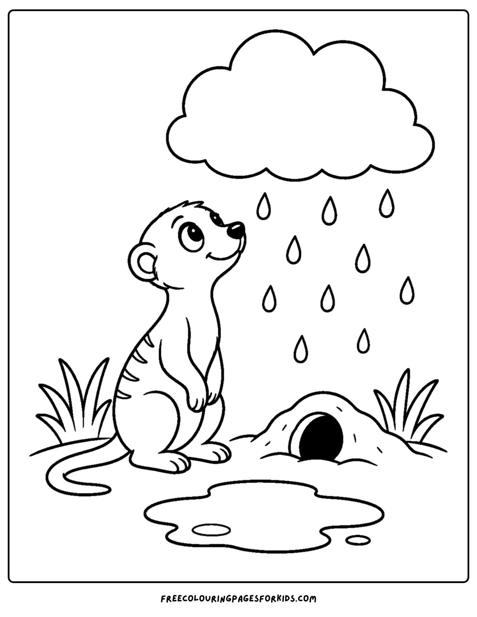 a coloring page of a meerkat looking up at a rain cloud