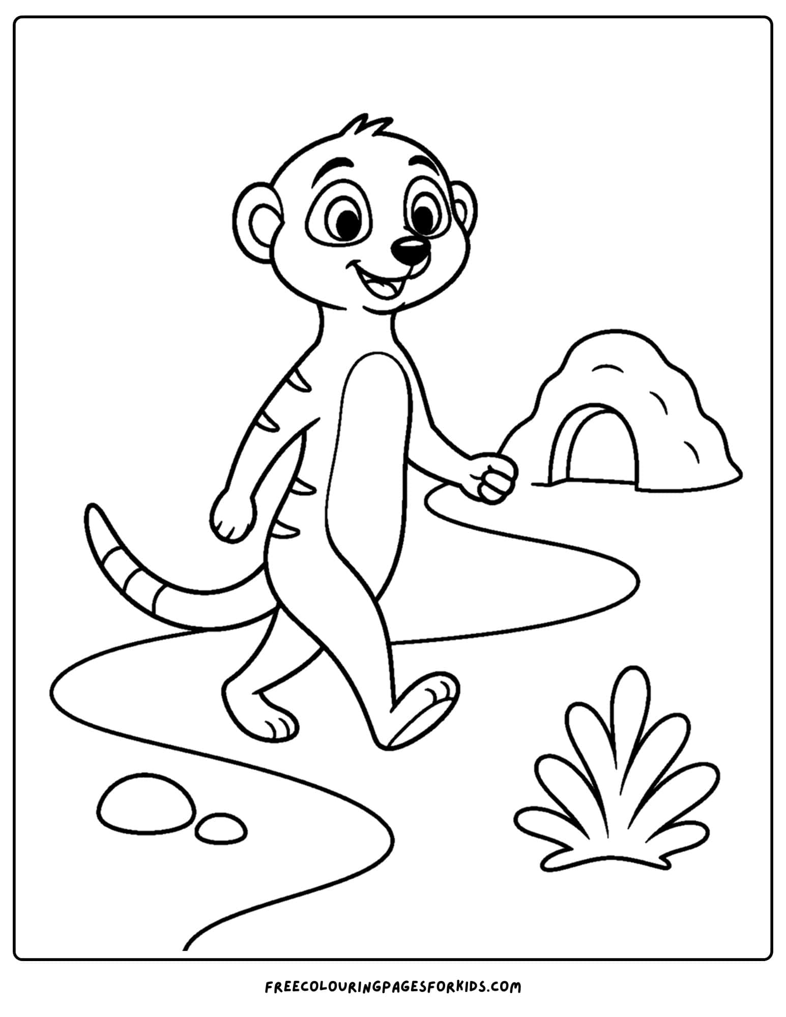 a coloring page of a meerkat on a sandy path