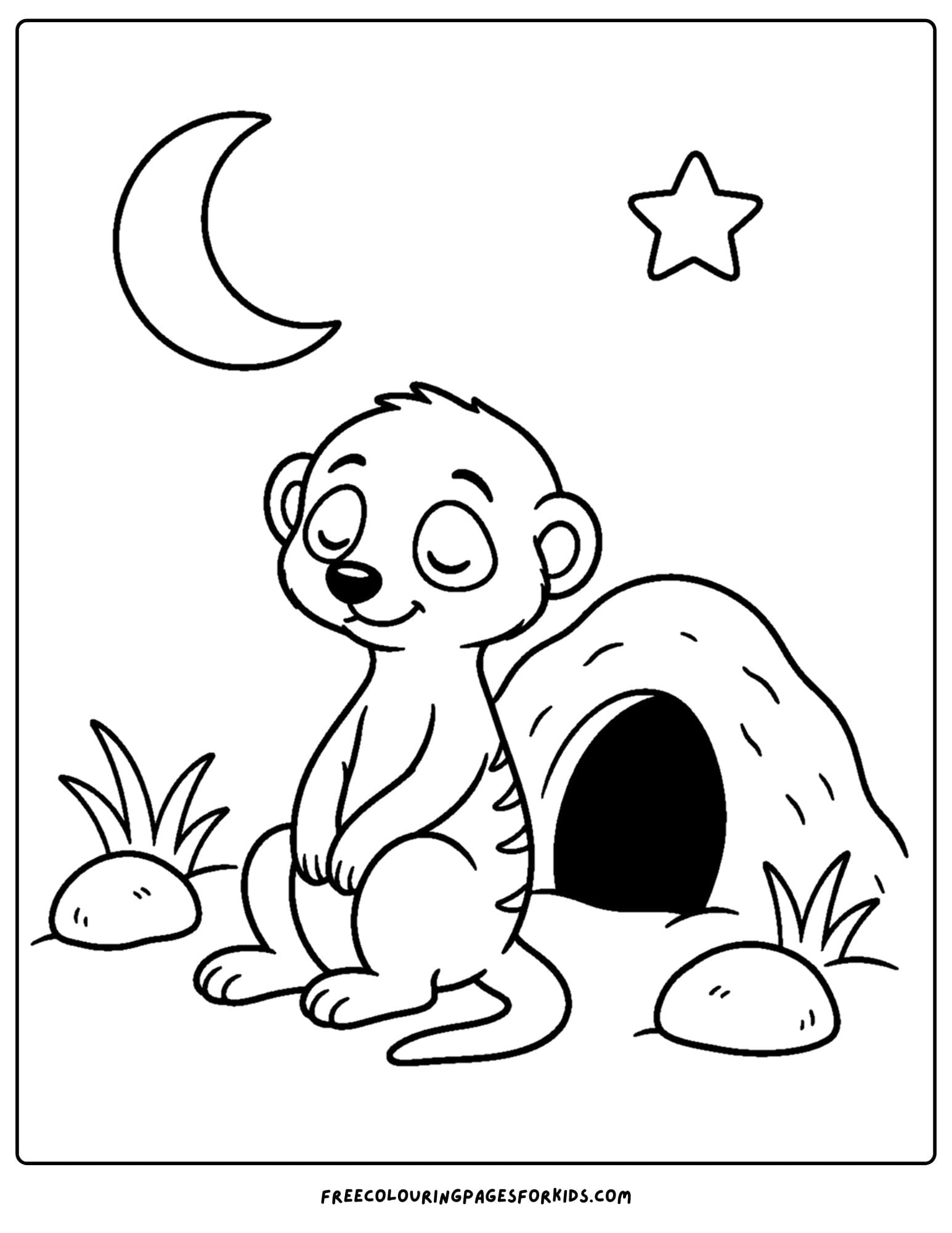 a coloring page of a meerkat sleeping by its burrow at night