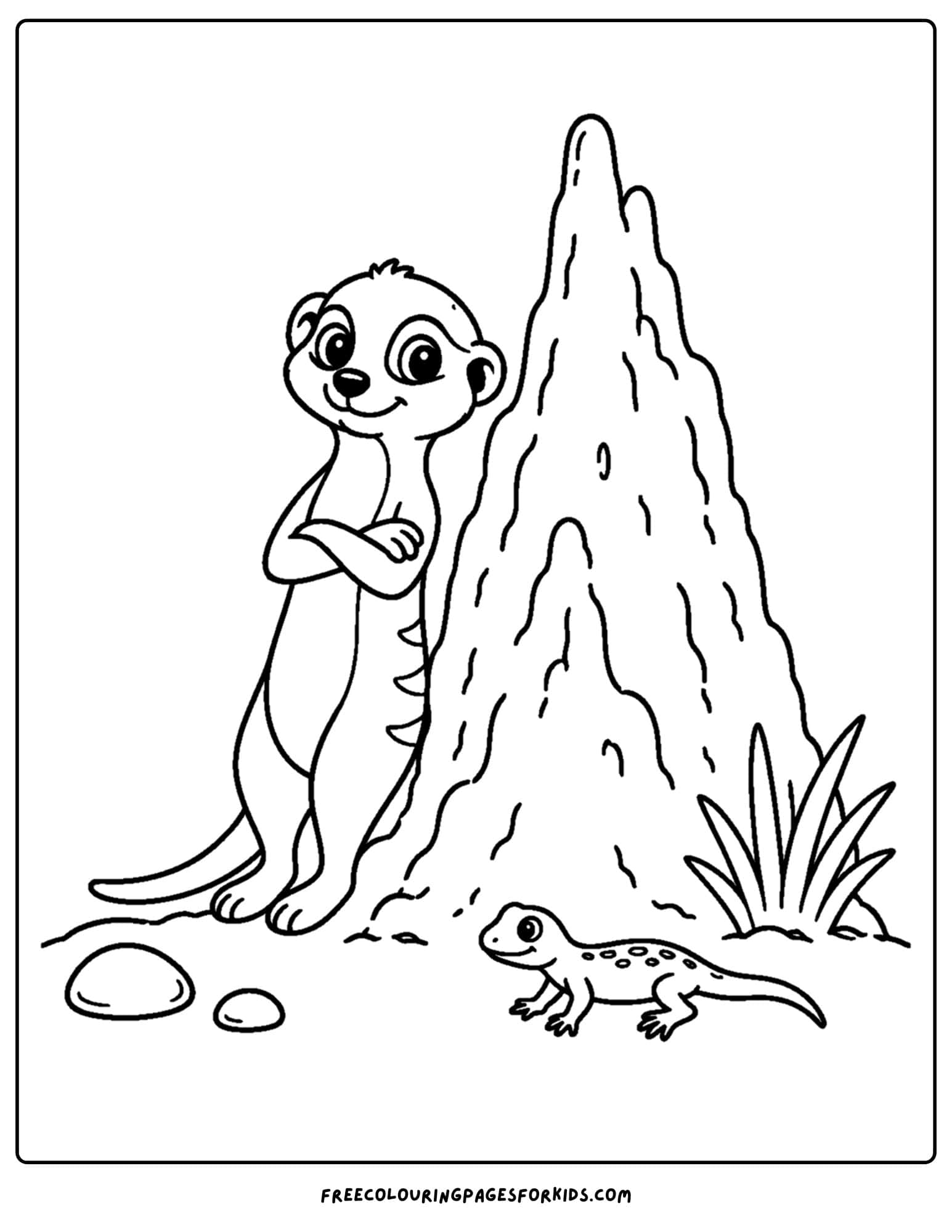 a coloring page of a meerkat beside a termite mound
