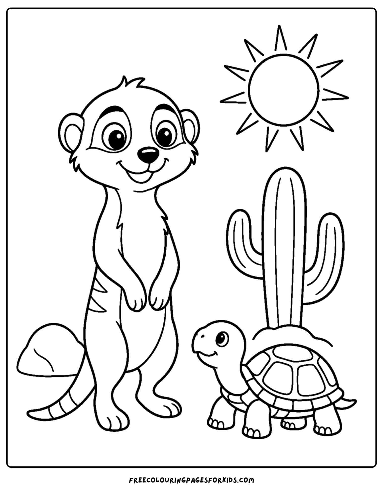 a coloring page of a meerkat and a turtle in the desert
