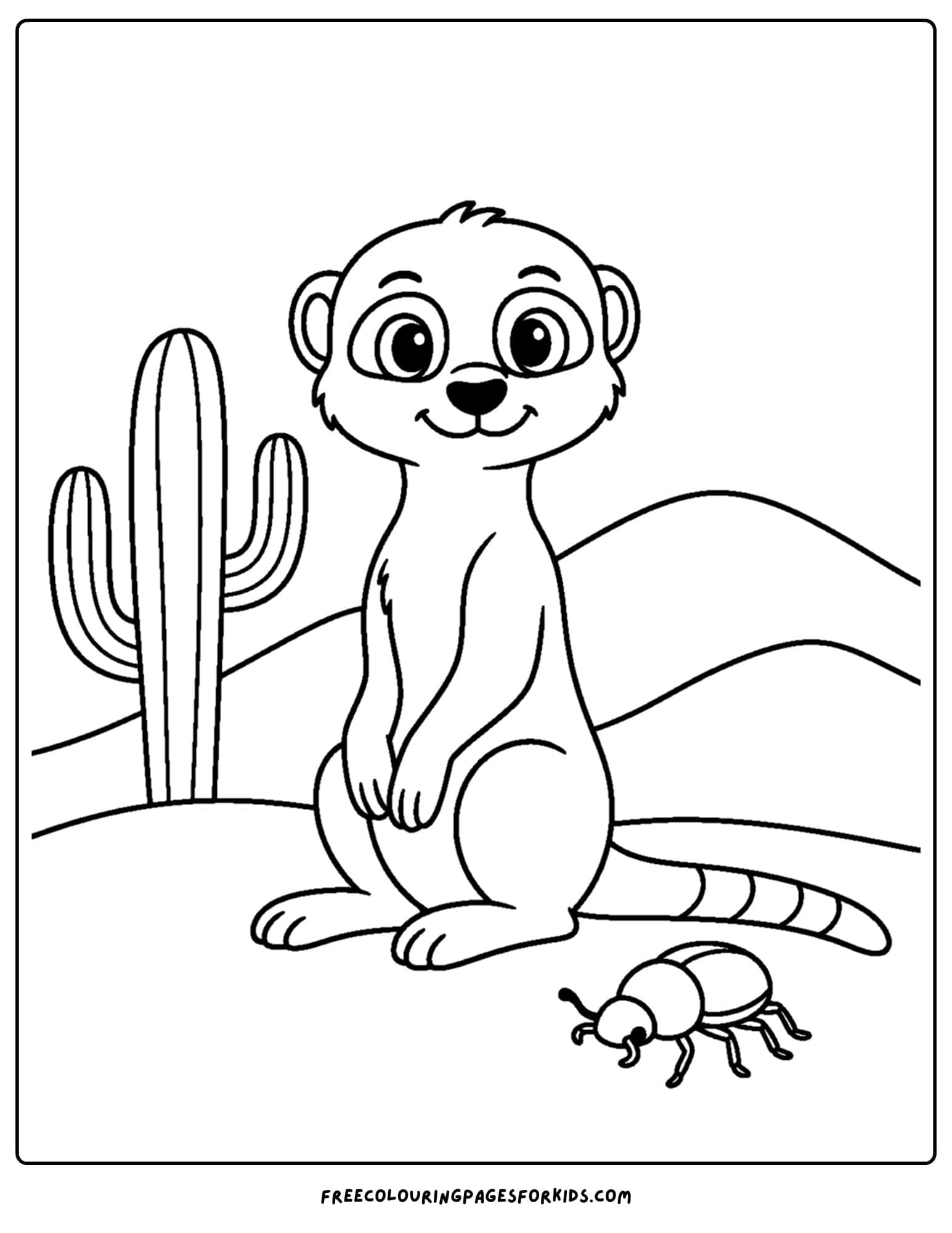a coloring page of a meerkat in a desert setting