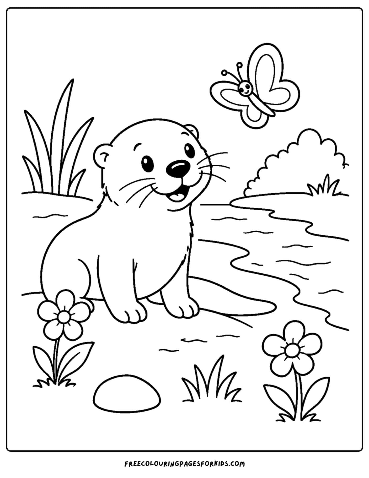 a coloring page of an otter looking at a butterfly