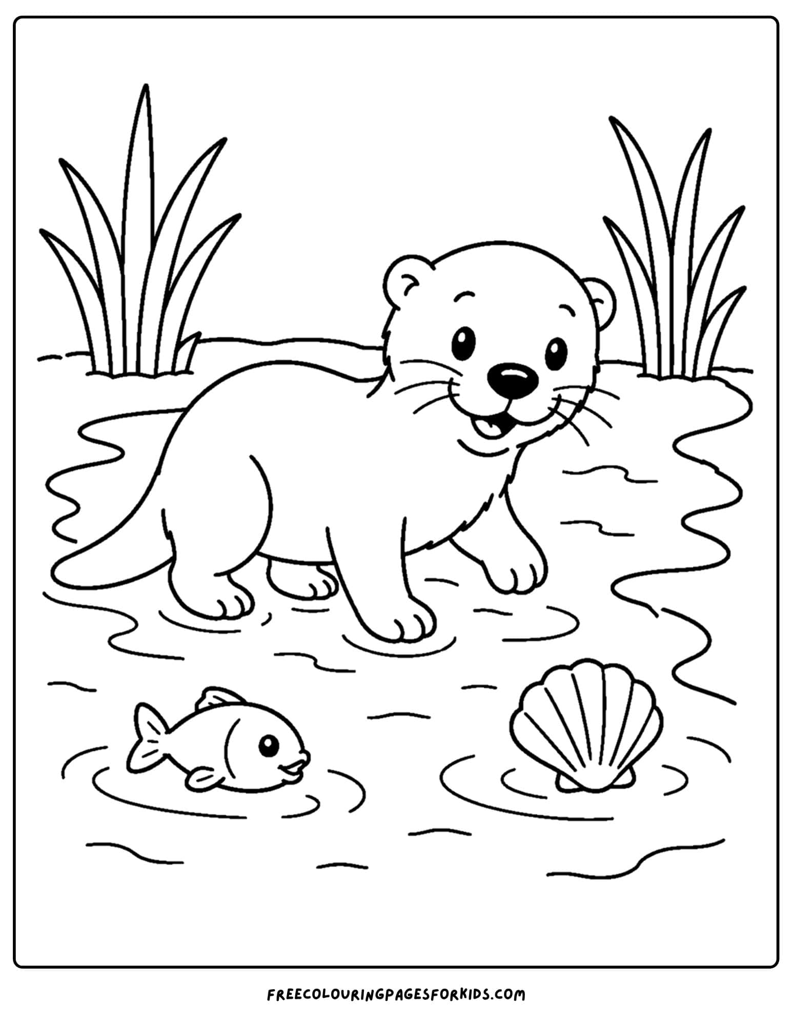 a coloring page of an otter exploring in the water