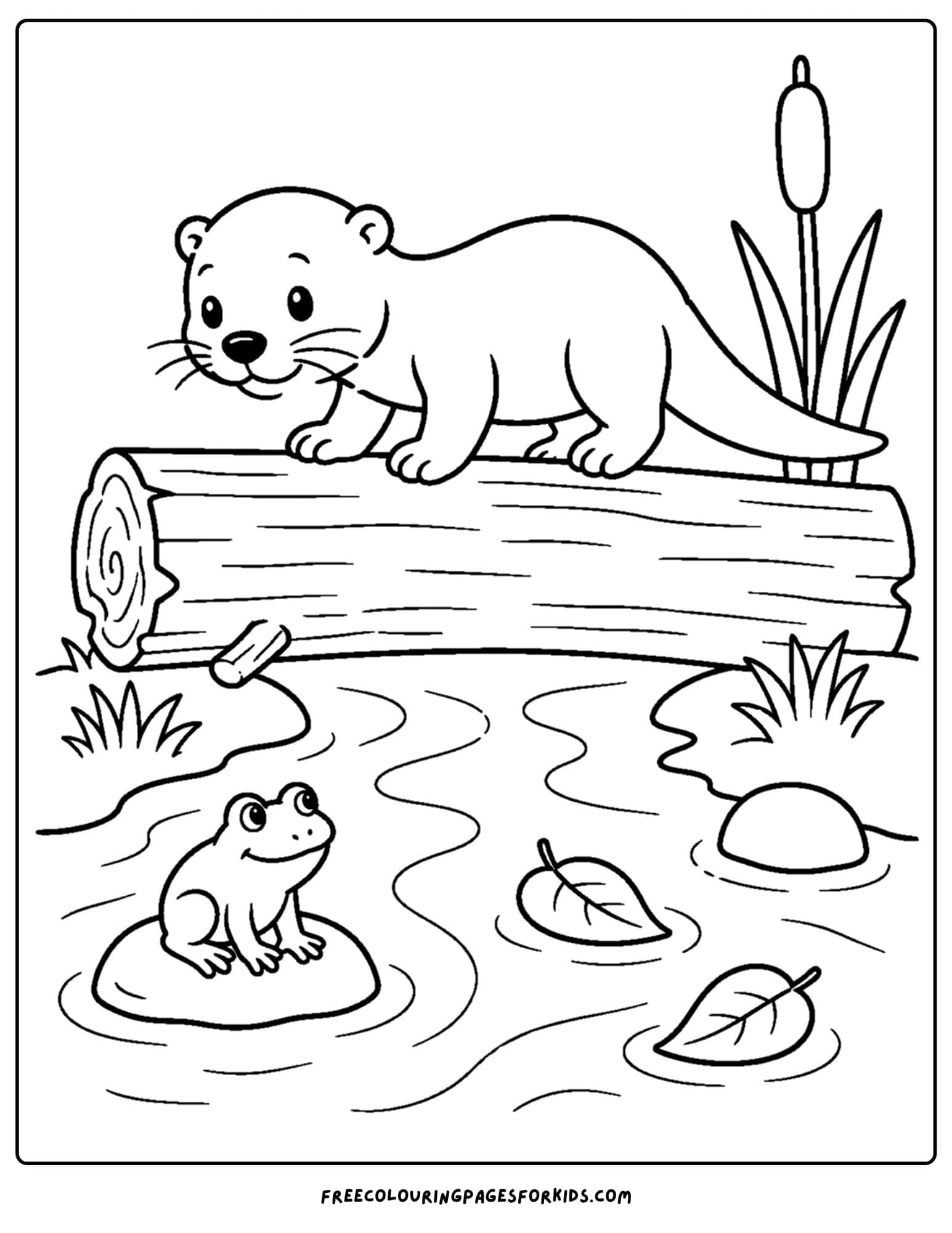 a coloring page of an otter balancing on a fallen log
