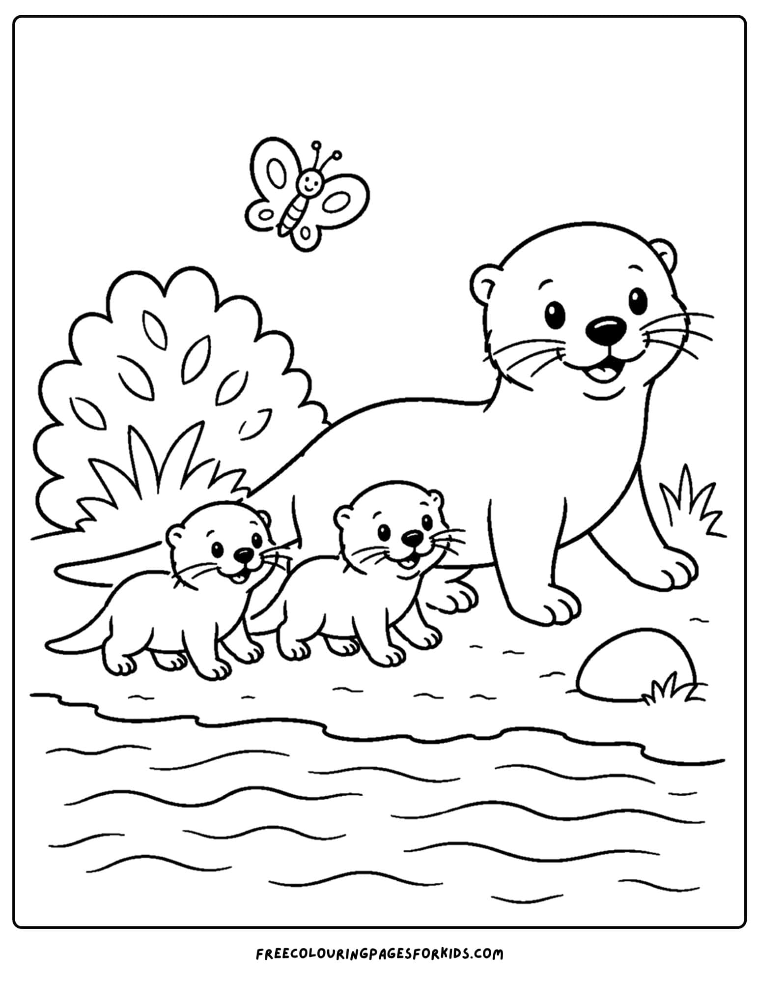 a coloring page of an otter family by the riverside