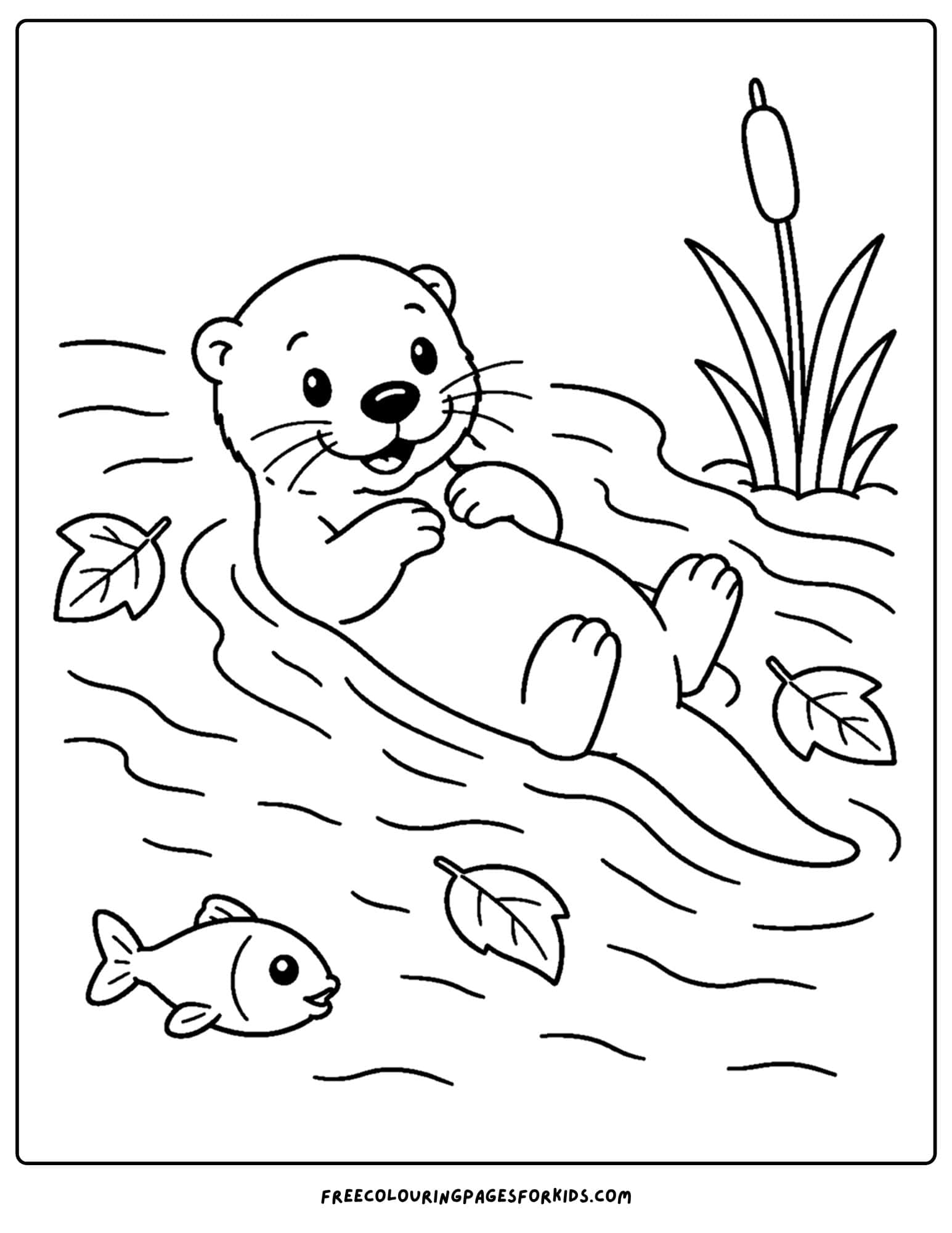 a coloring page of an otter floating with some leaves in the water