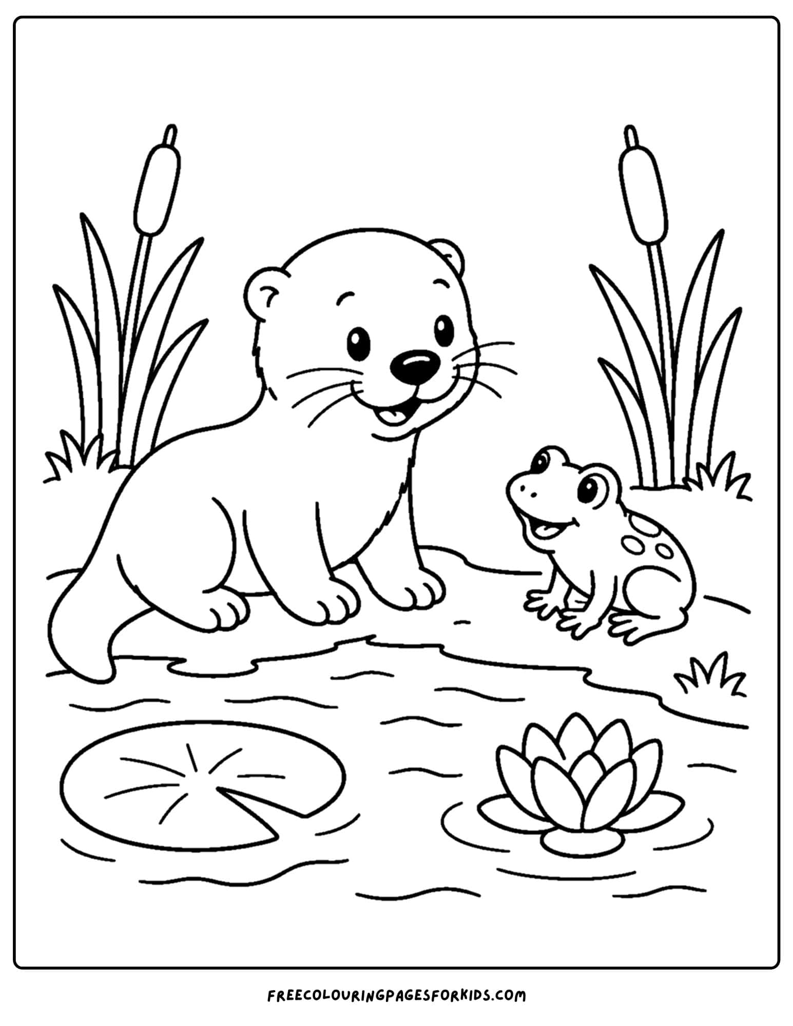 a coloring page of an otter and a frog by the water