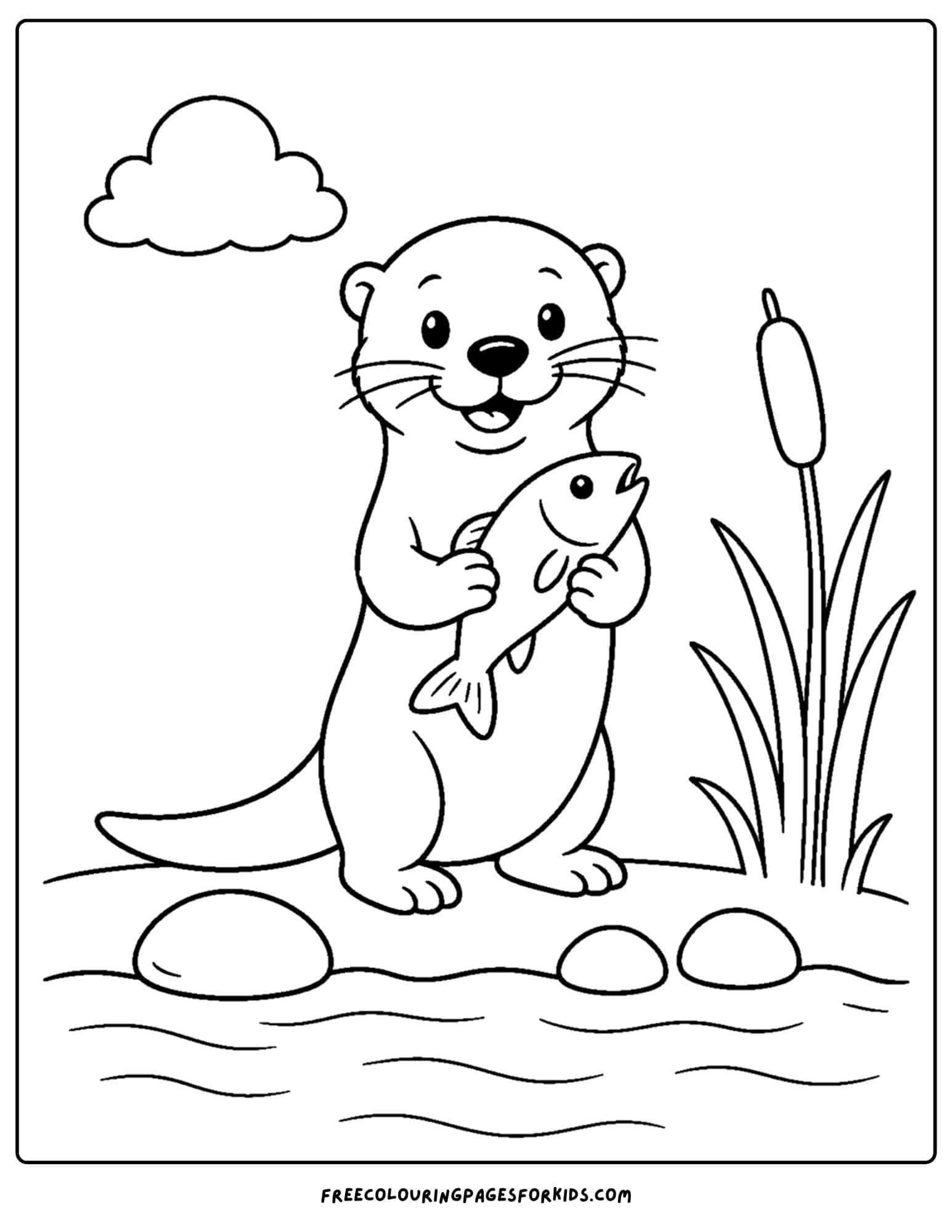 a coloring page of an otter holding a fish