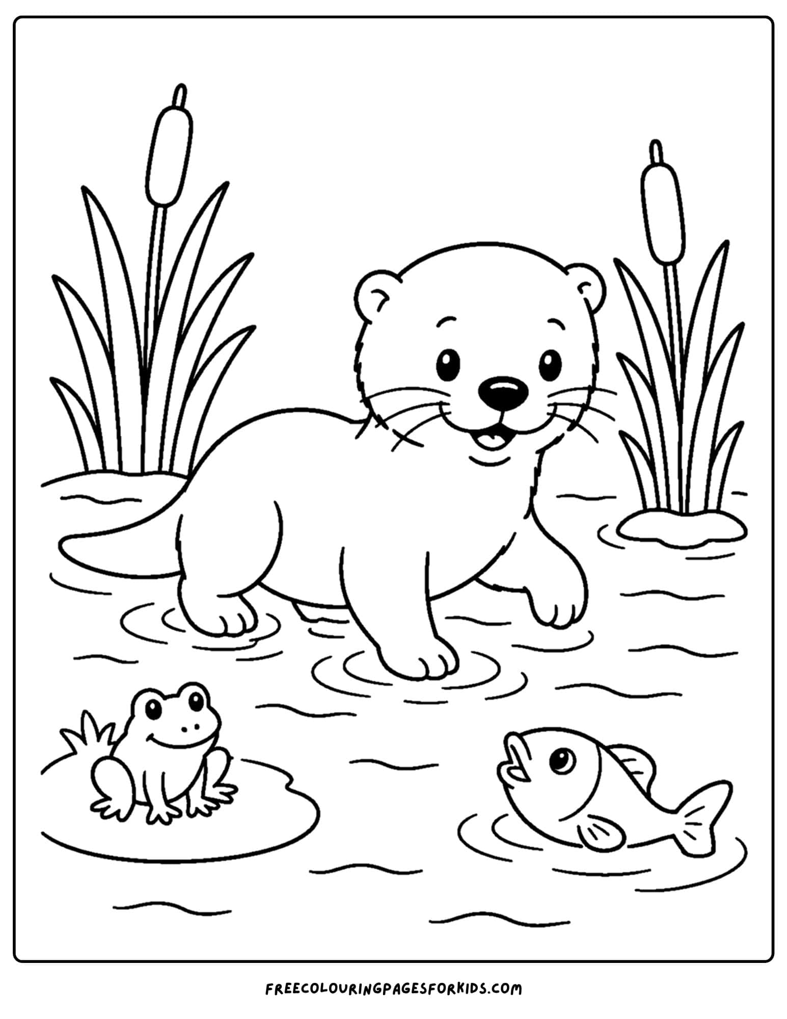 a coloring page of an otter walking through a marsh