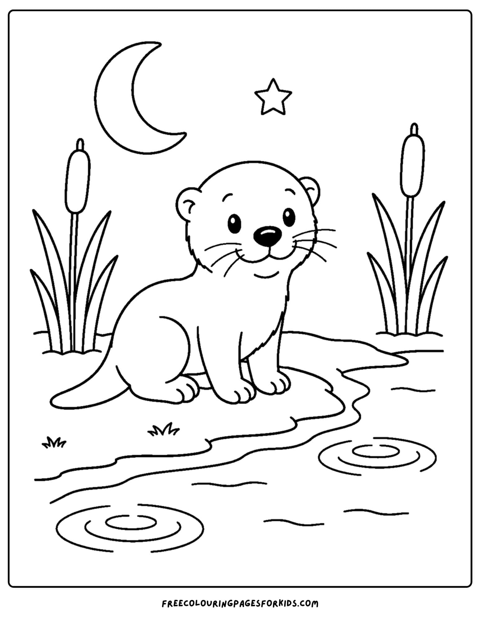 a coloring page of an otter by the river at night time