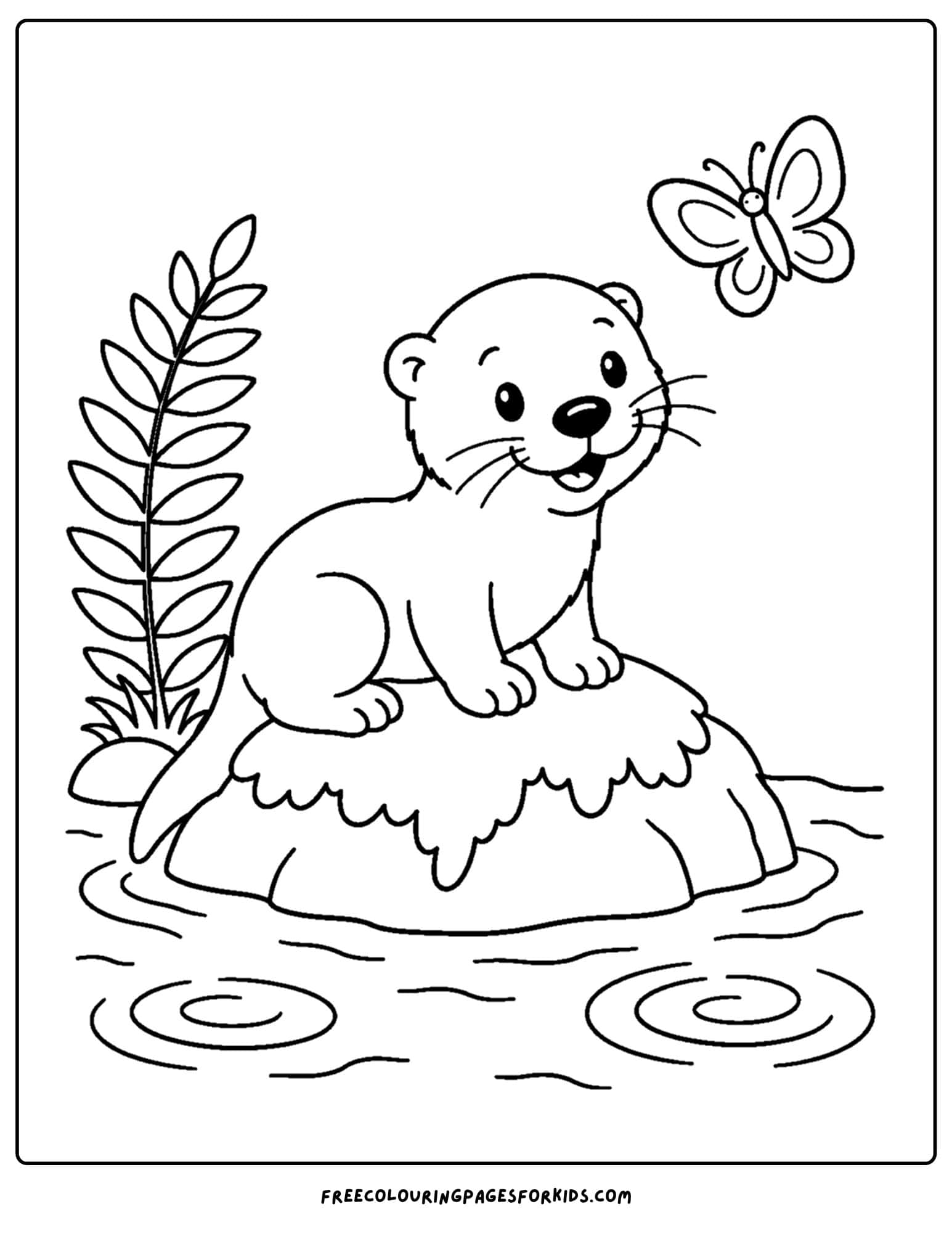 a coloring page of an otter standing on a mossy rock in a river