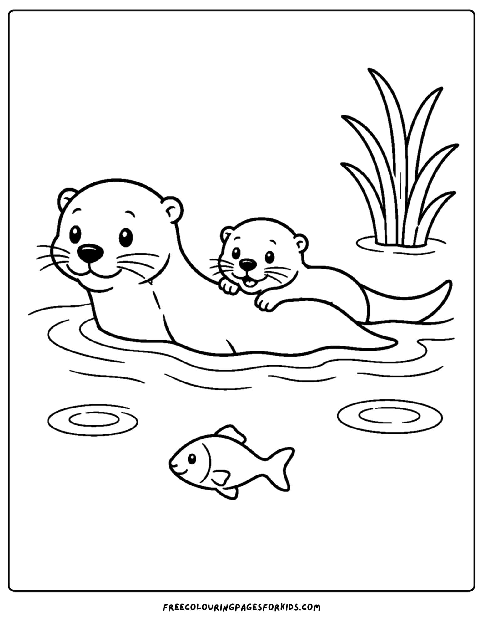 a coloring page of an otter and a baby swimming in the river