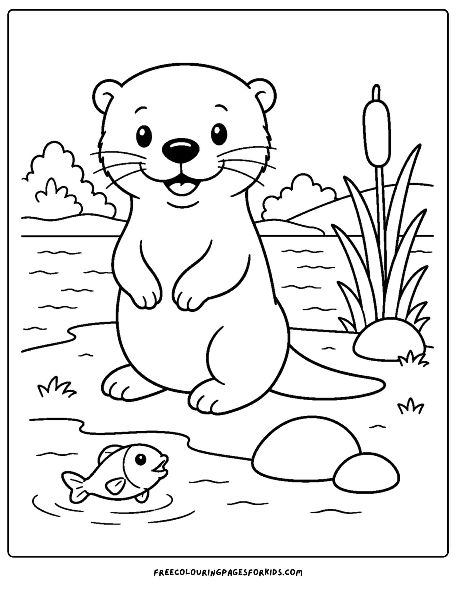 a coloring page of an otter on the shore of a lake