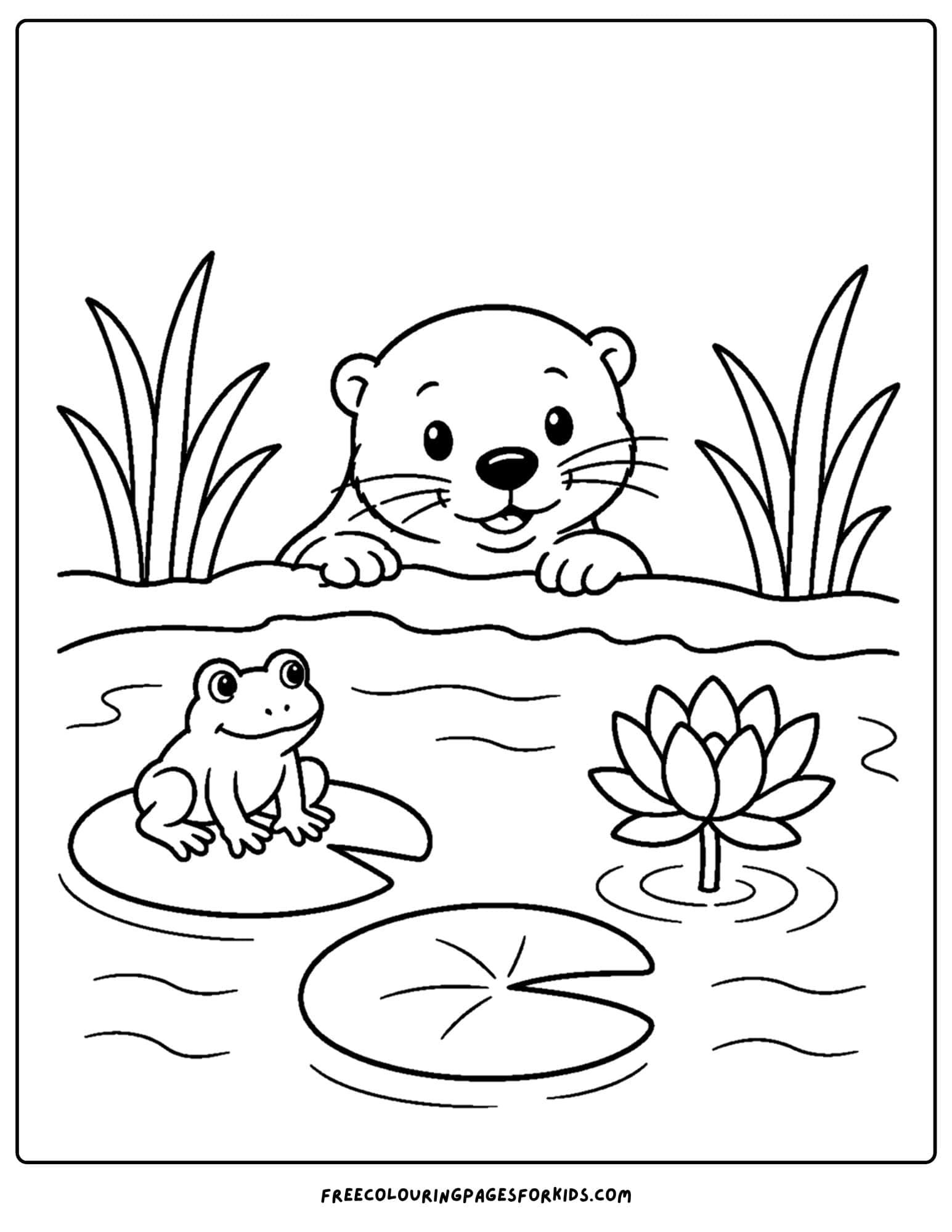 a coloring page of an otter peeking out over the water
