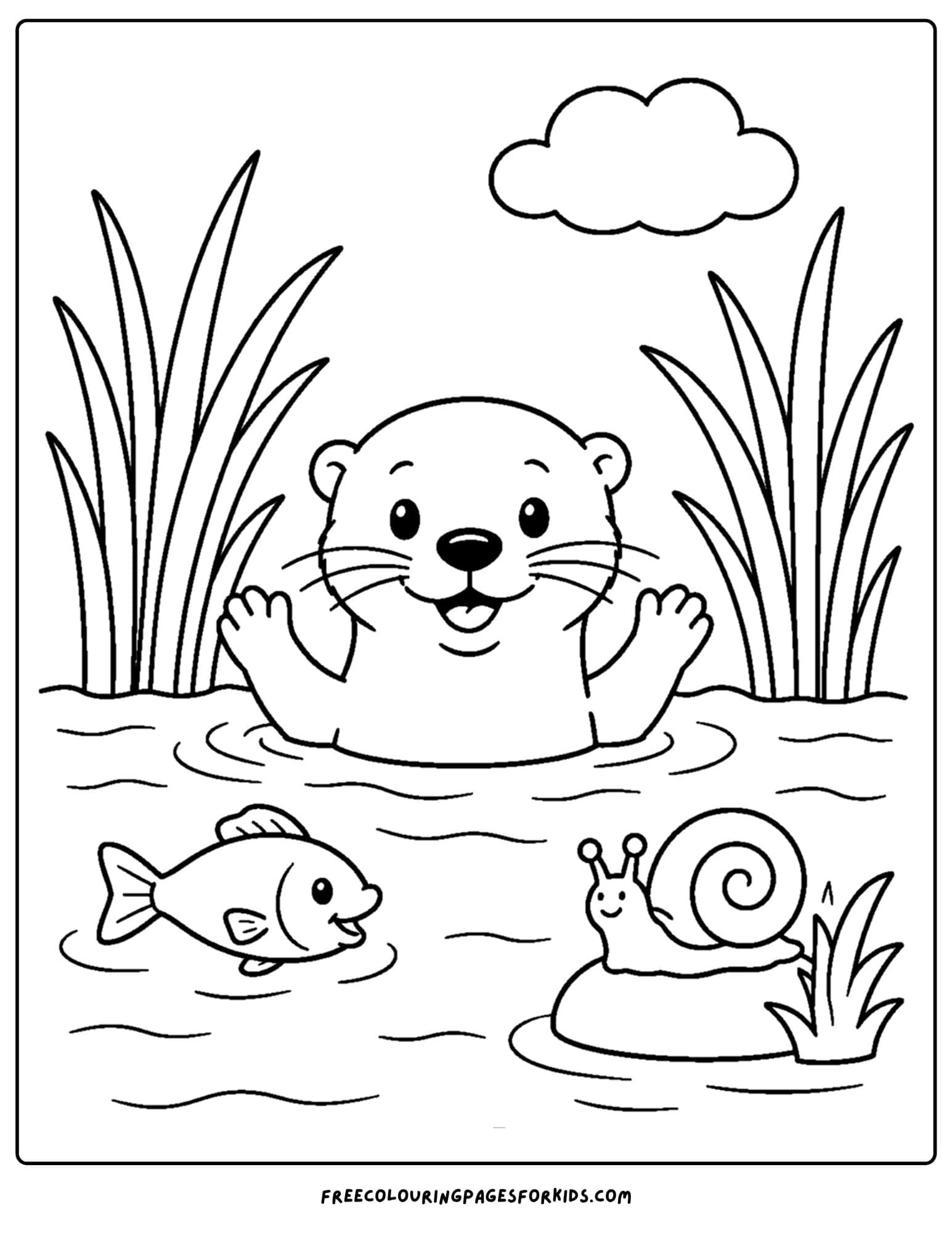 a coloring page of an otter amongst the reeds