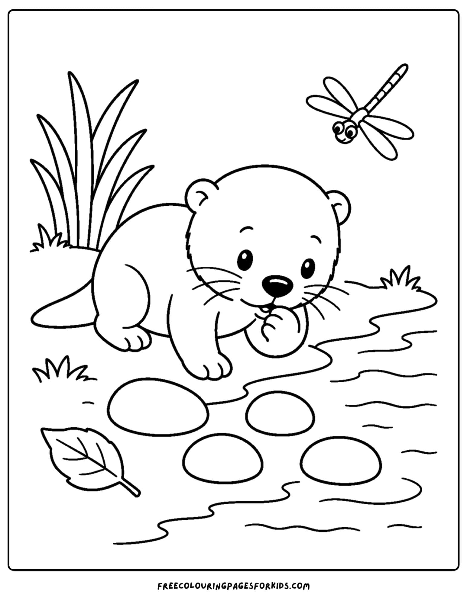 a coloring page of an otter looking at pebbles in the river
