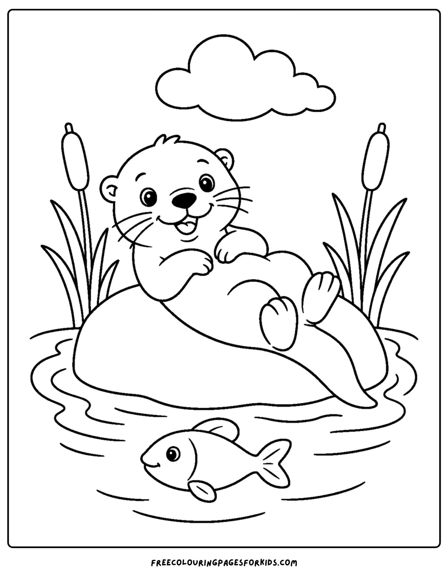 a coloring page of an otter relaxing on a river rock