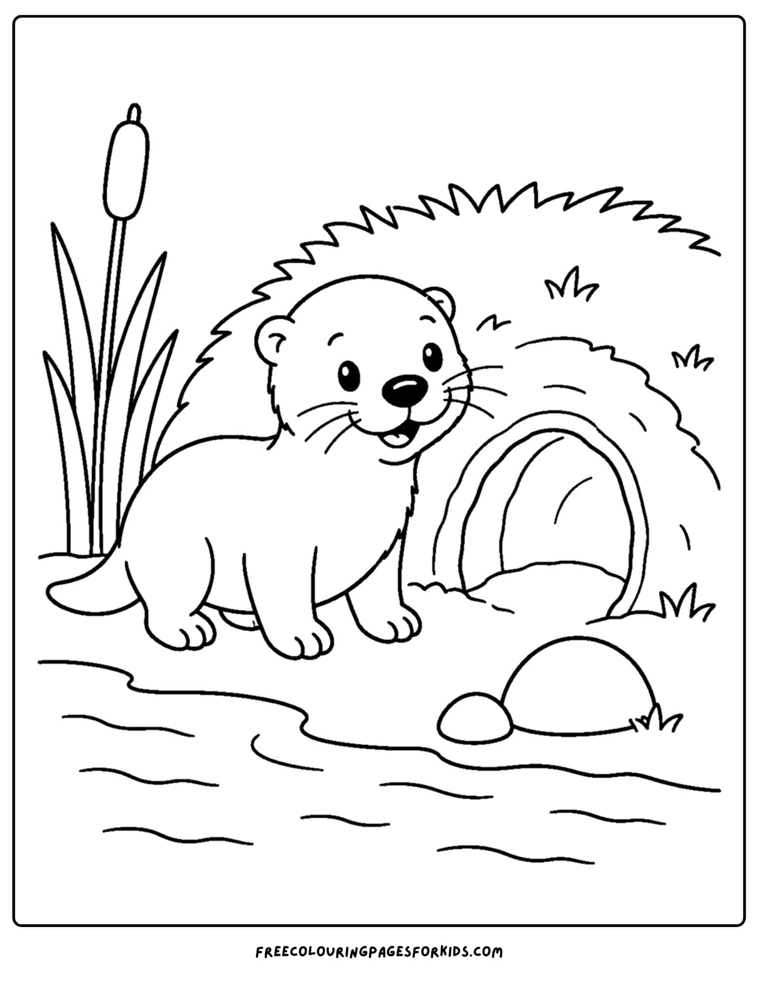 a coloring page of an otter beside a burrow on a river bank