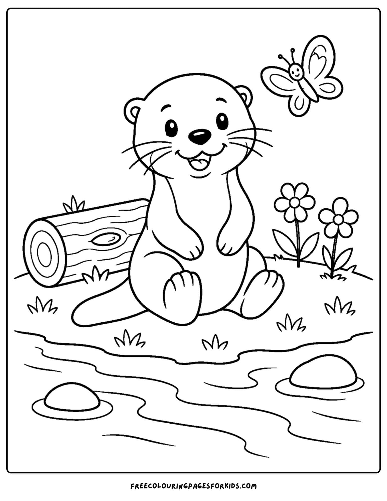 a coloring page of an otter sitting beside a river