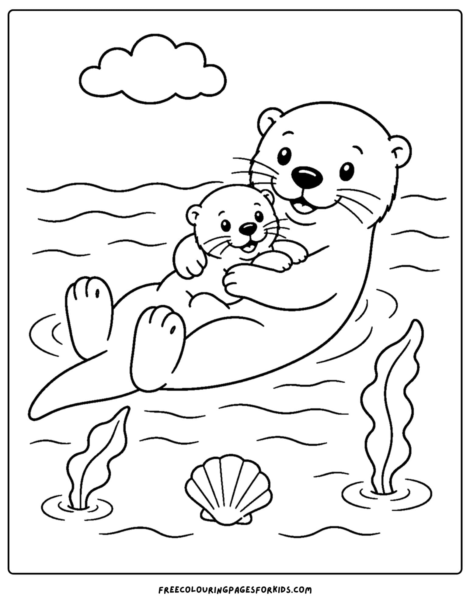 a coloring page of an otter and a baby resting on its belly as they float in the water
