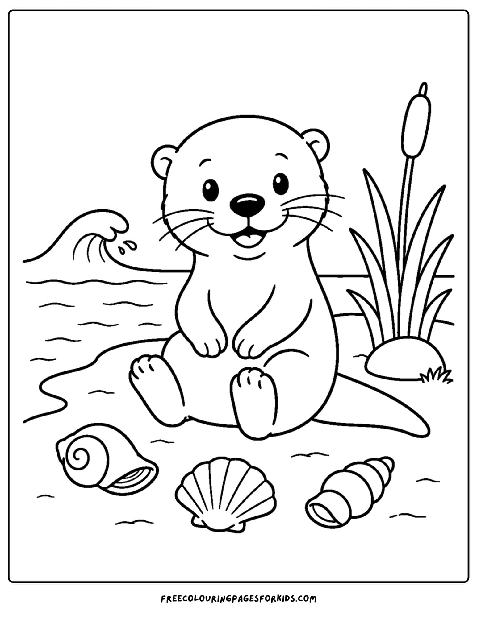 a coloring page of an otter sitting amongst some shells on a river bank