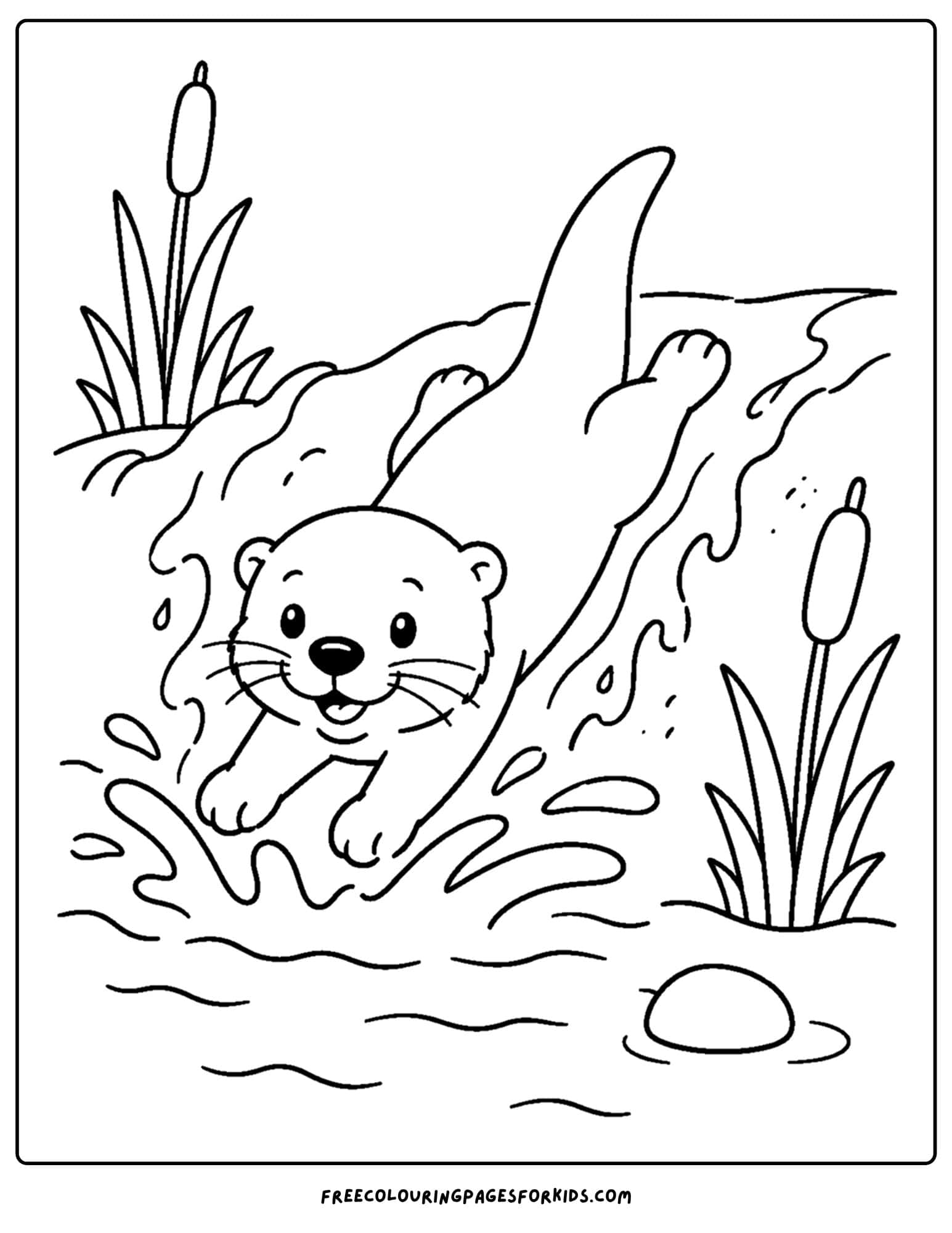a coloring page of an otter sliding into the river